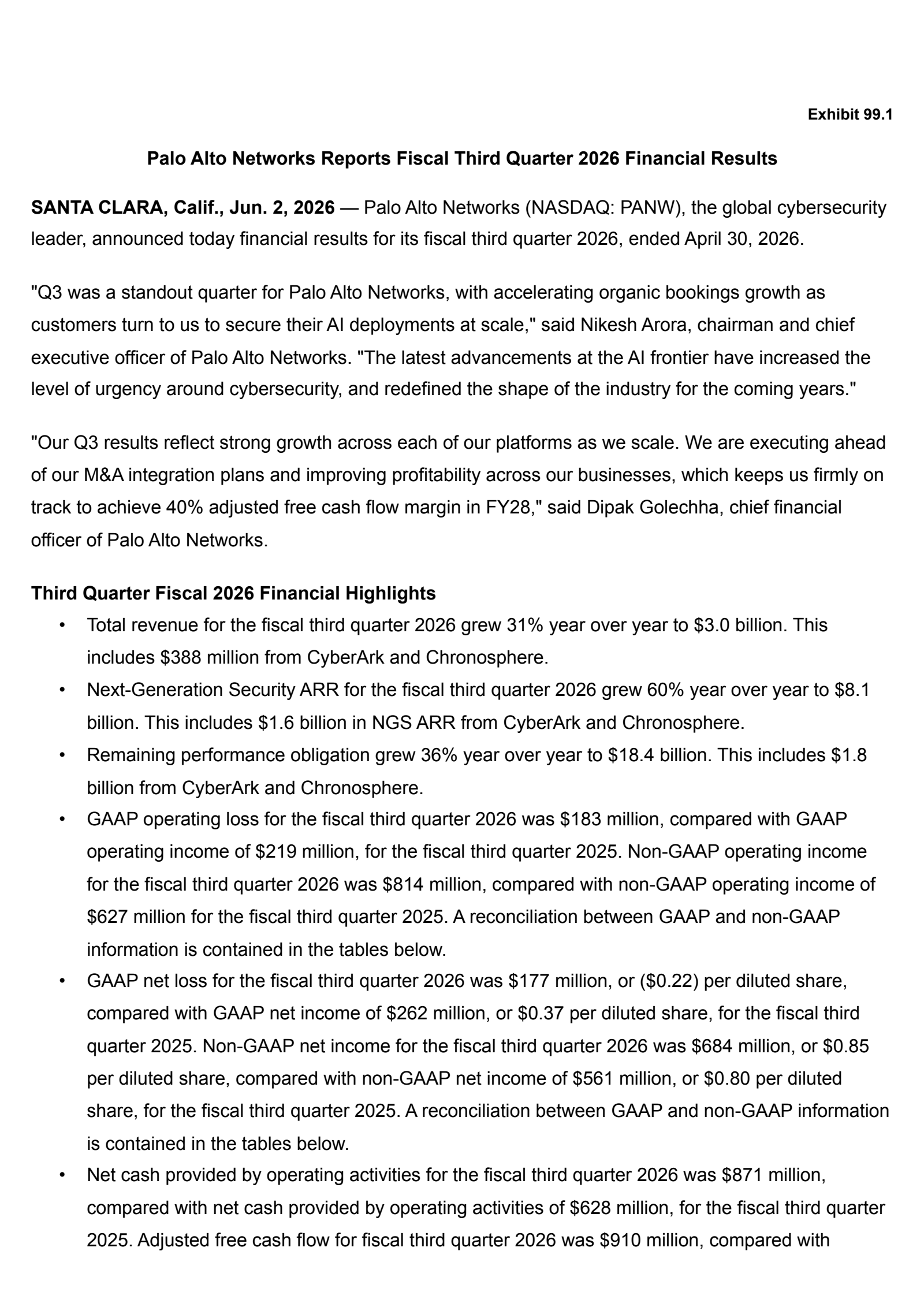Palo Alto Networks' Q3 2026 Press Release