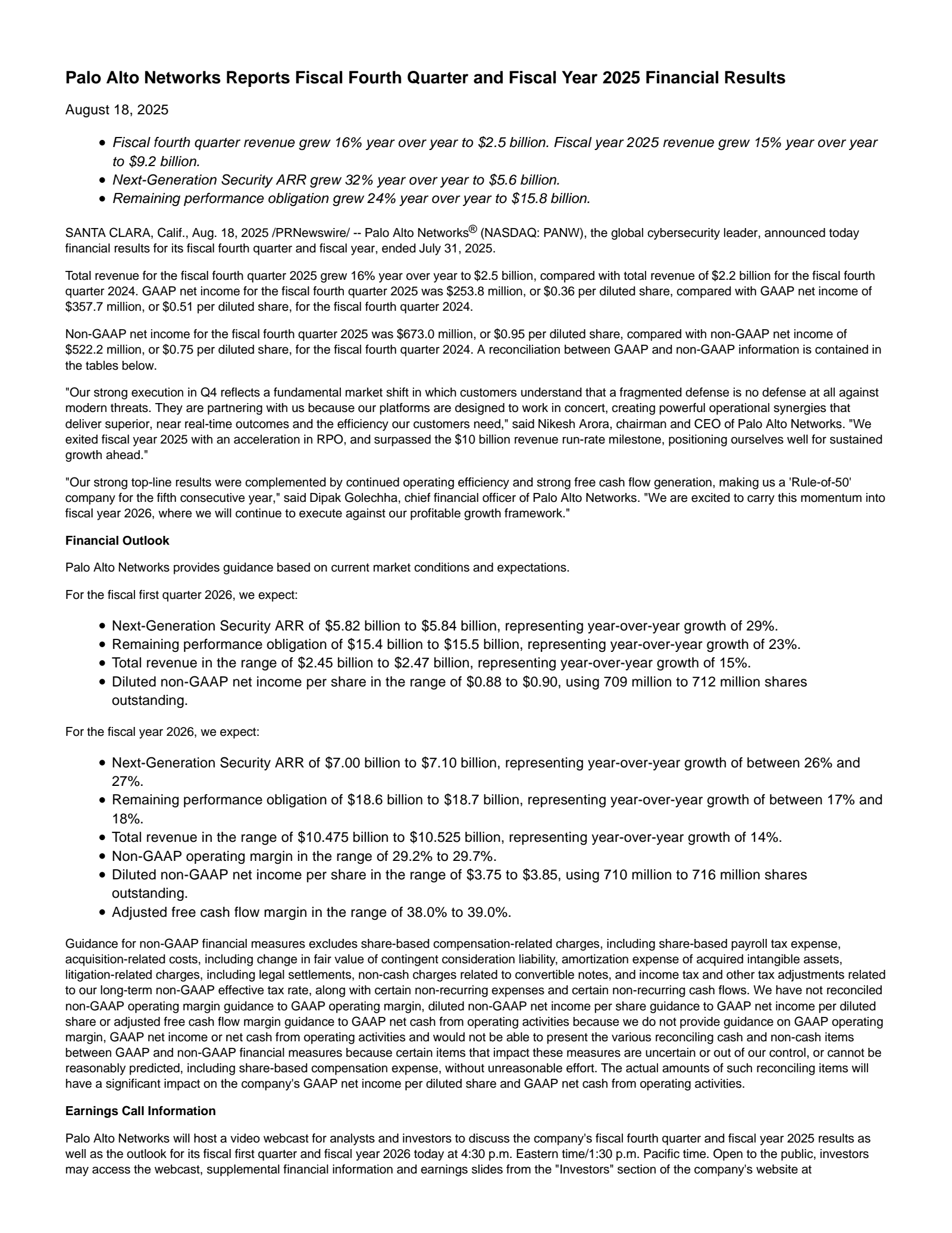 Palo Alto Networks' Q4 2025 Press Release