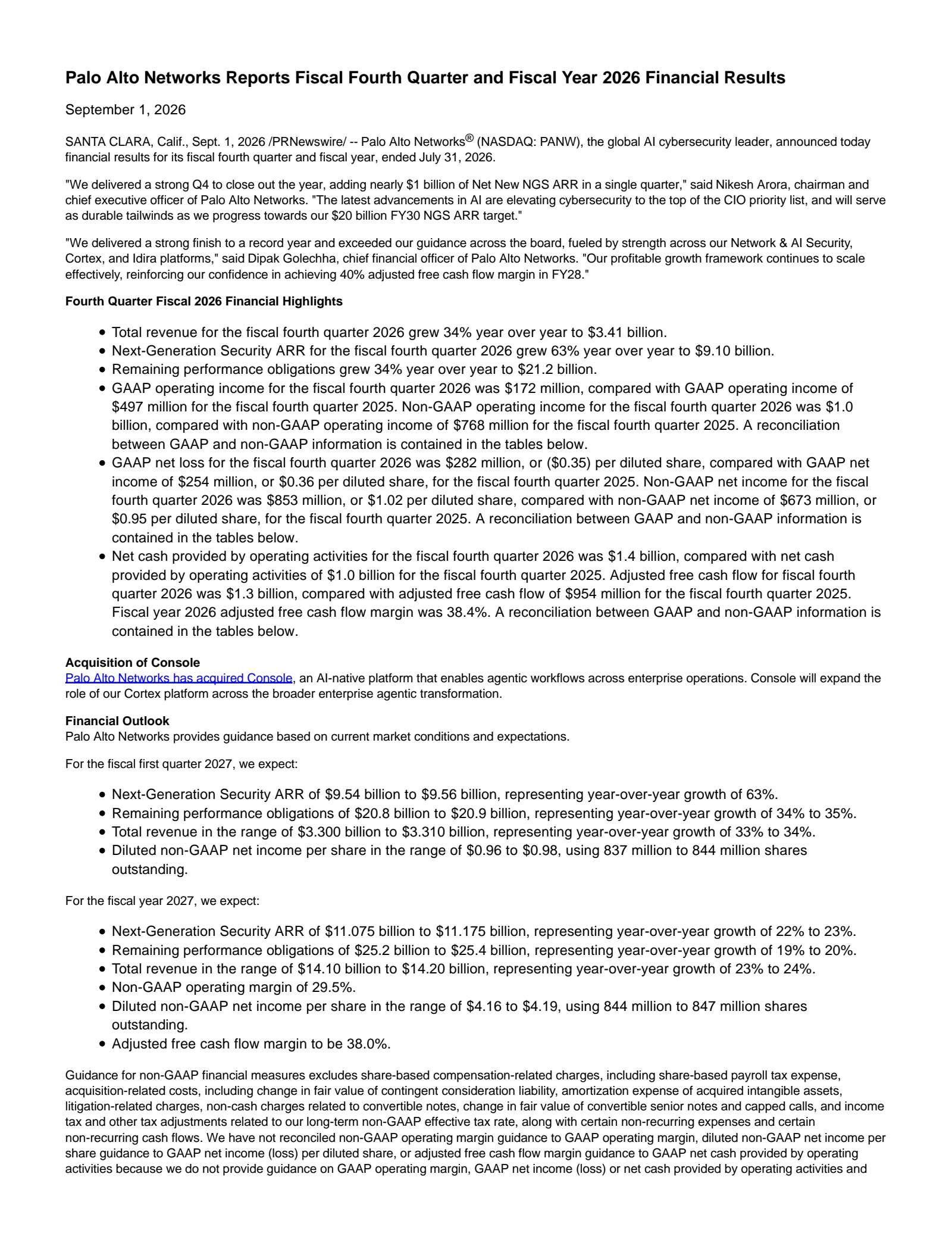 Palo Alto Networks' Q4 2026 Press Release