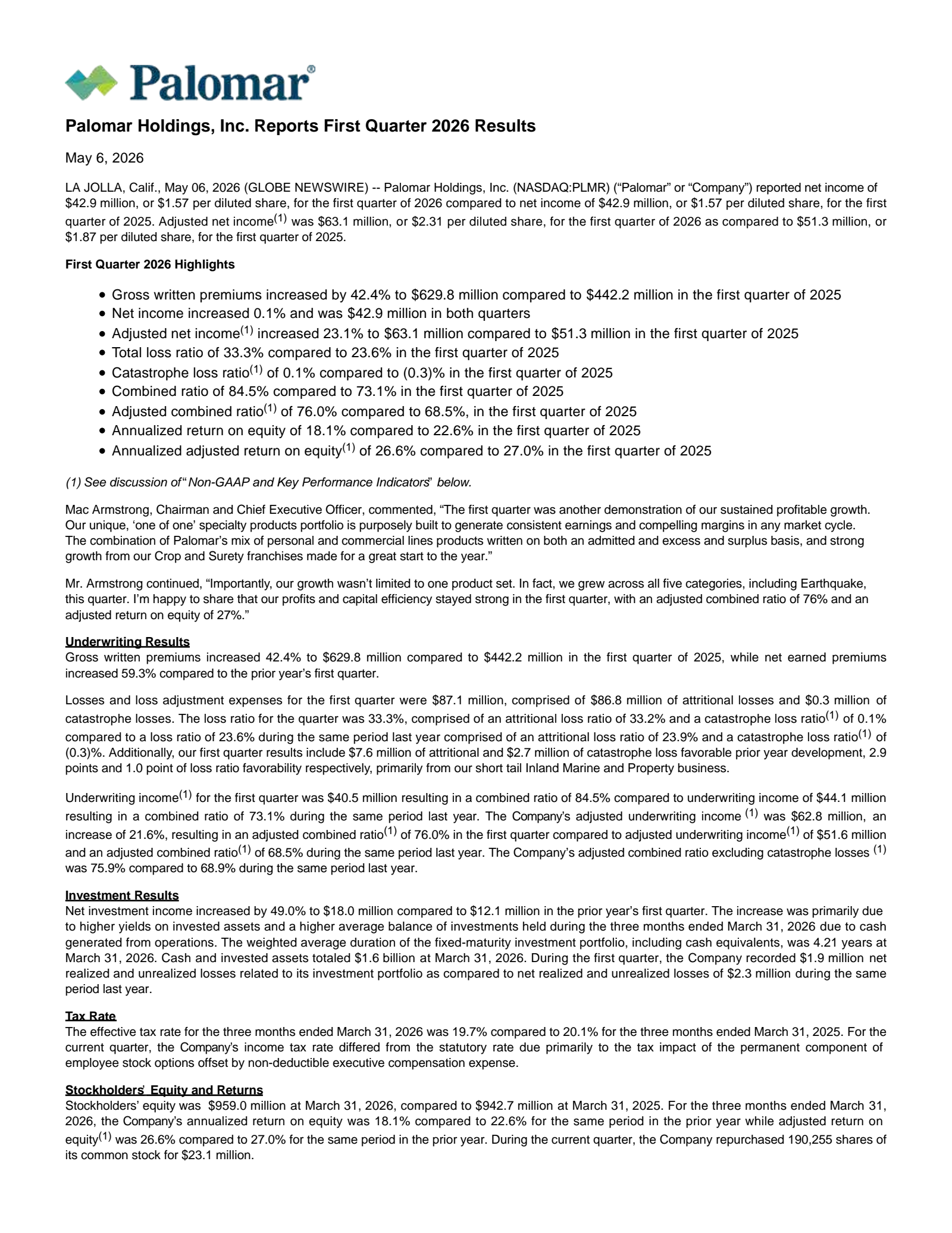 Palomar's Q1 2026 Press Release