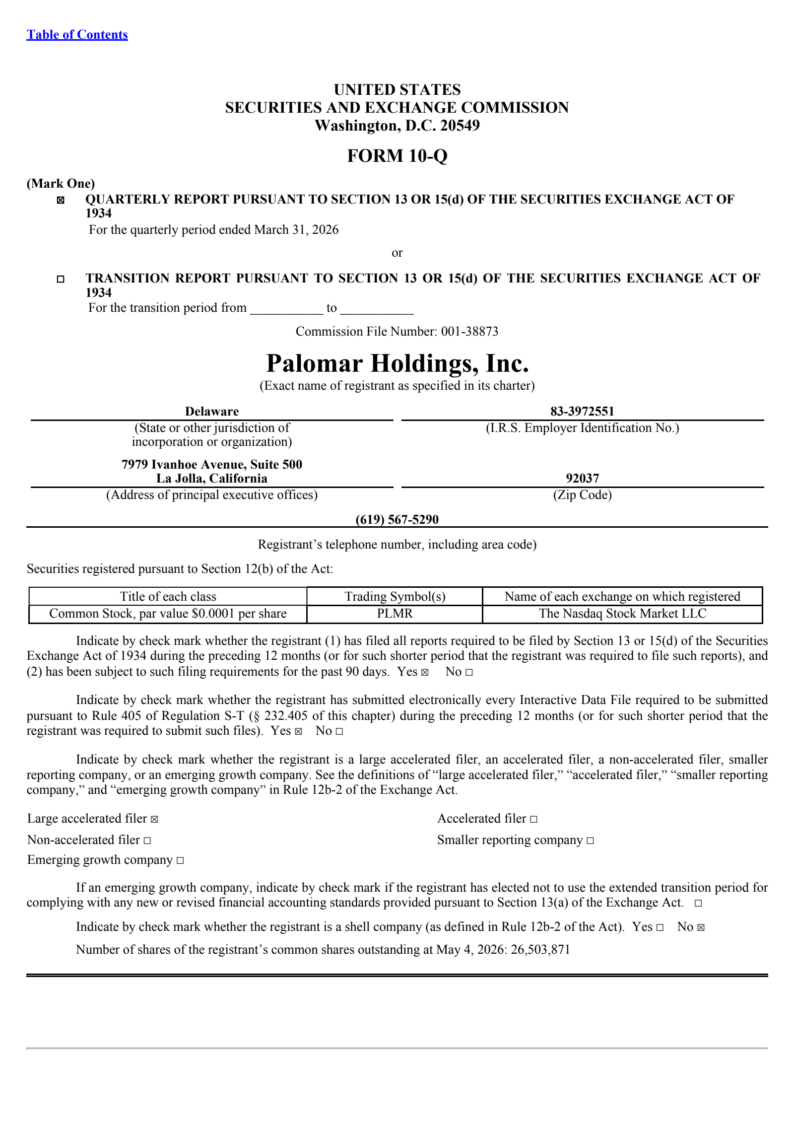Palomar's Q1 2026 Quarterly report