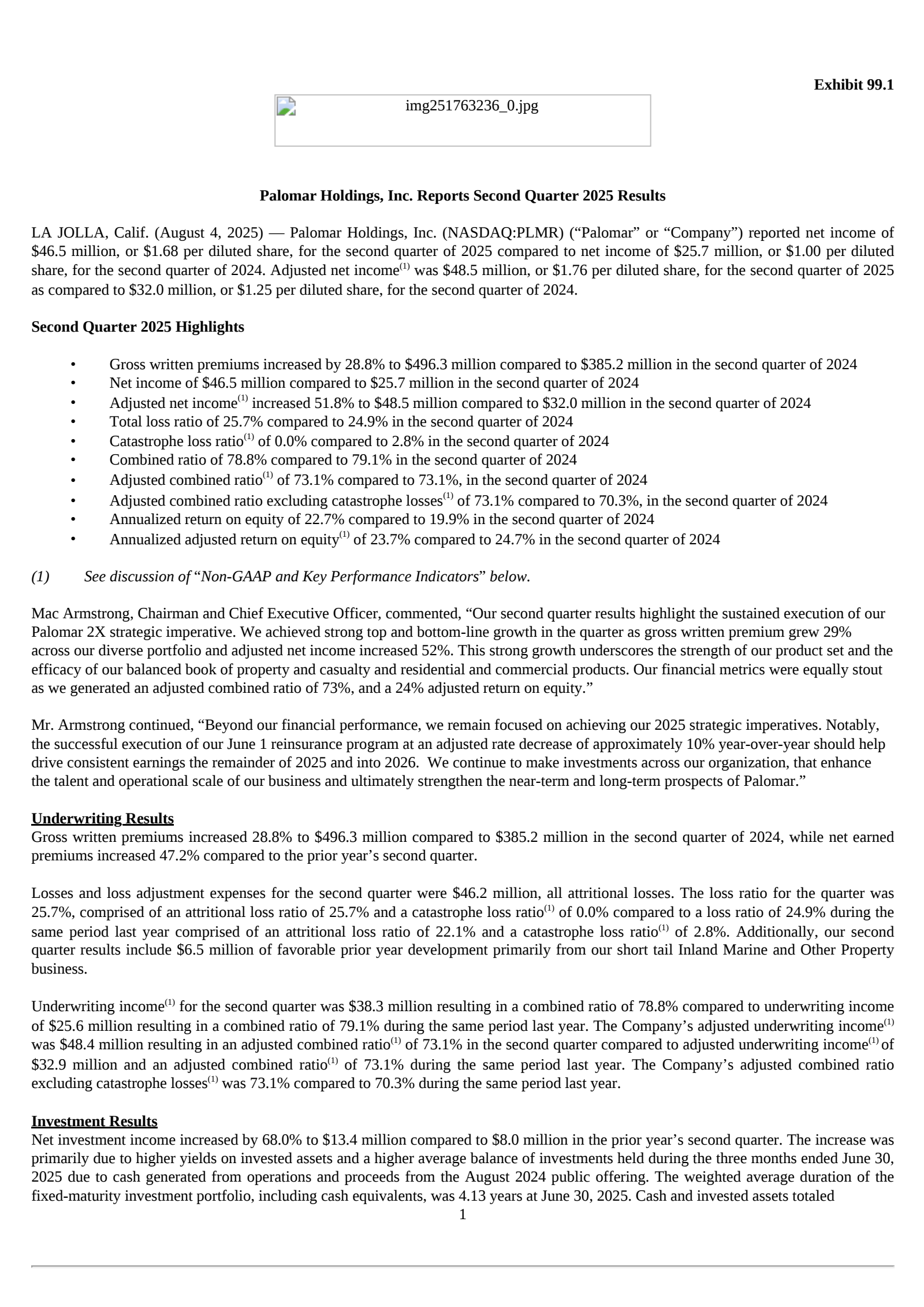 Palomar's Q2 2025 Press Release