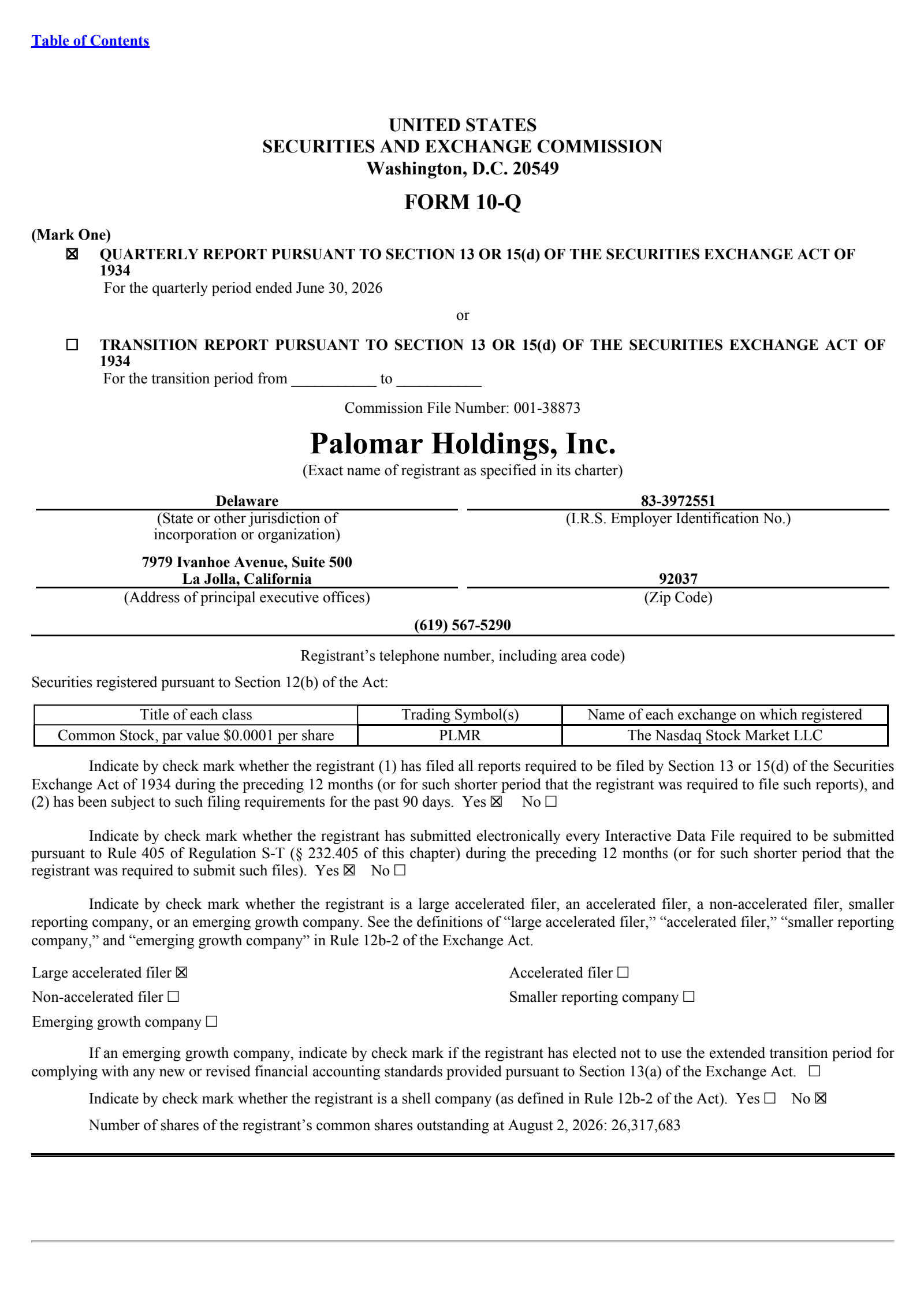 Palomar's Q2 2026 Quarterly report