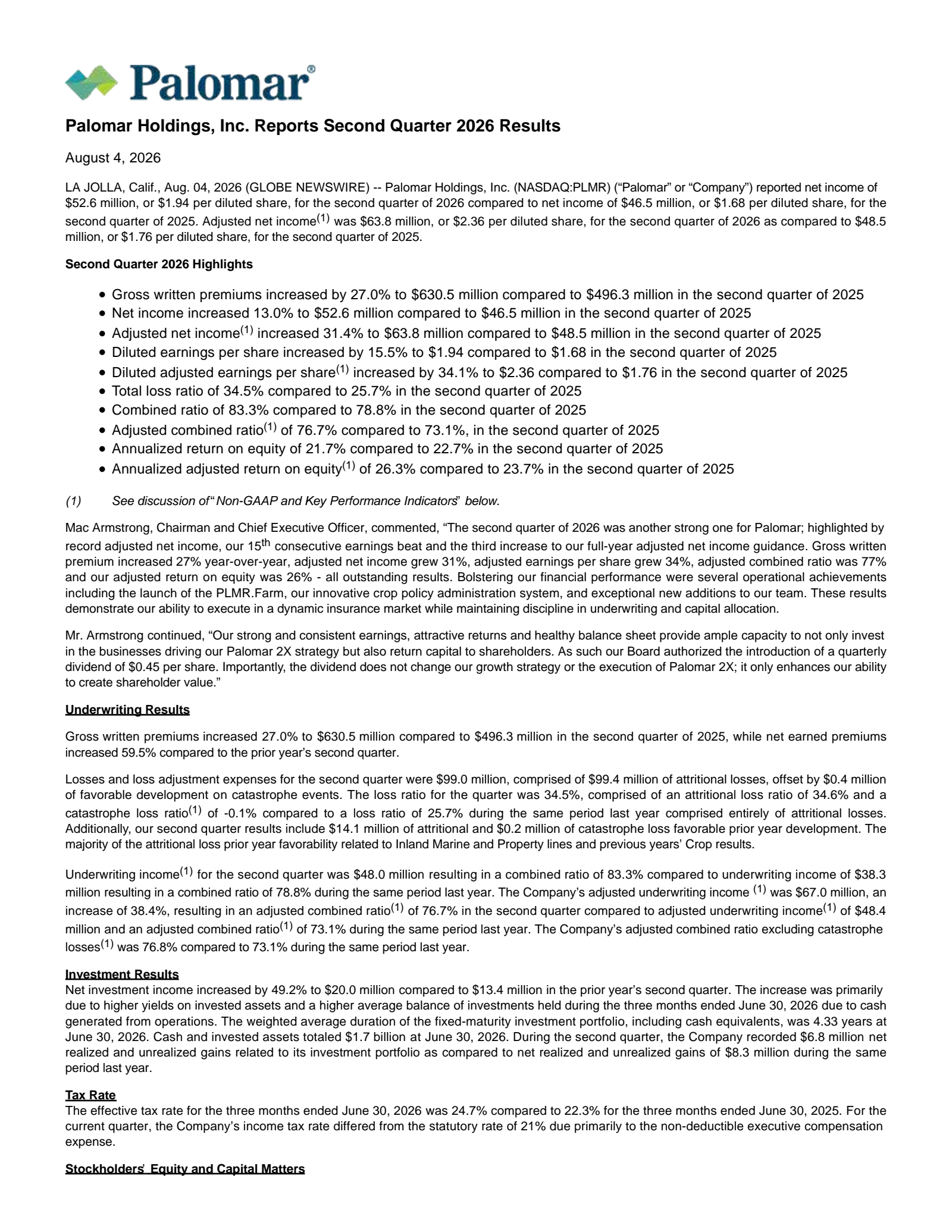 Palomar's Q2 2026 Press Release