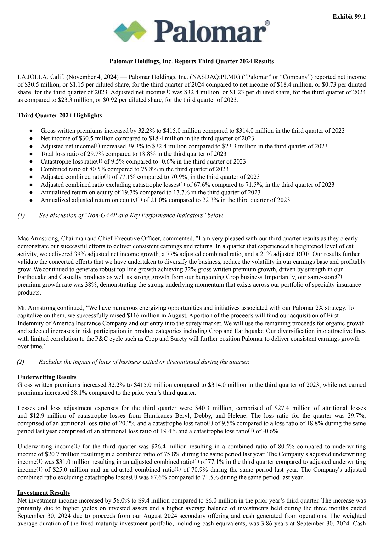 Palomar's Q3 2024 Press Release