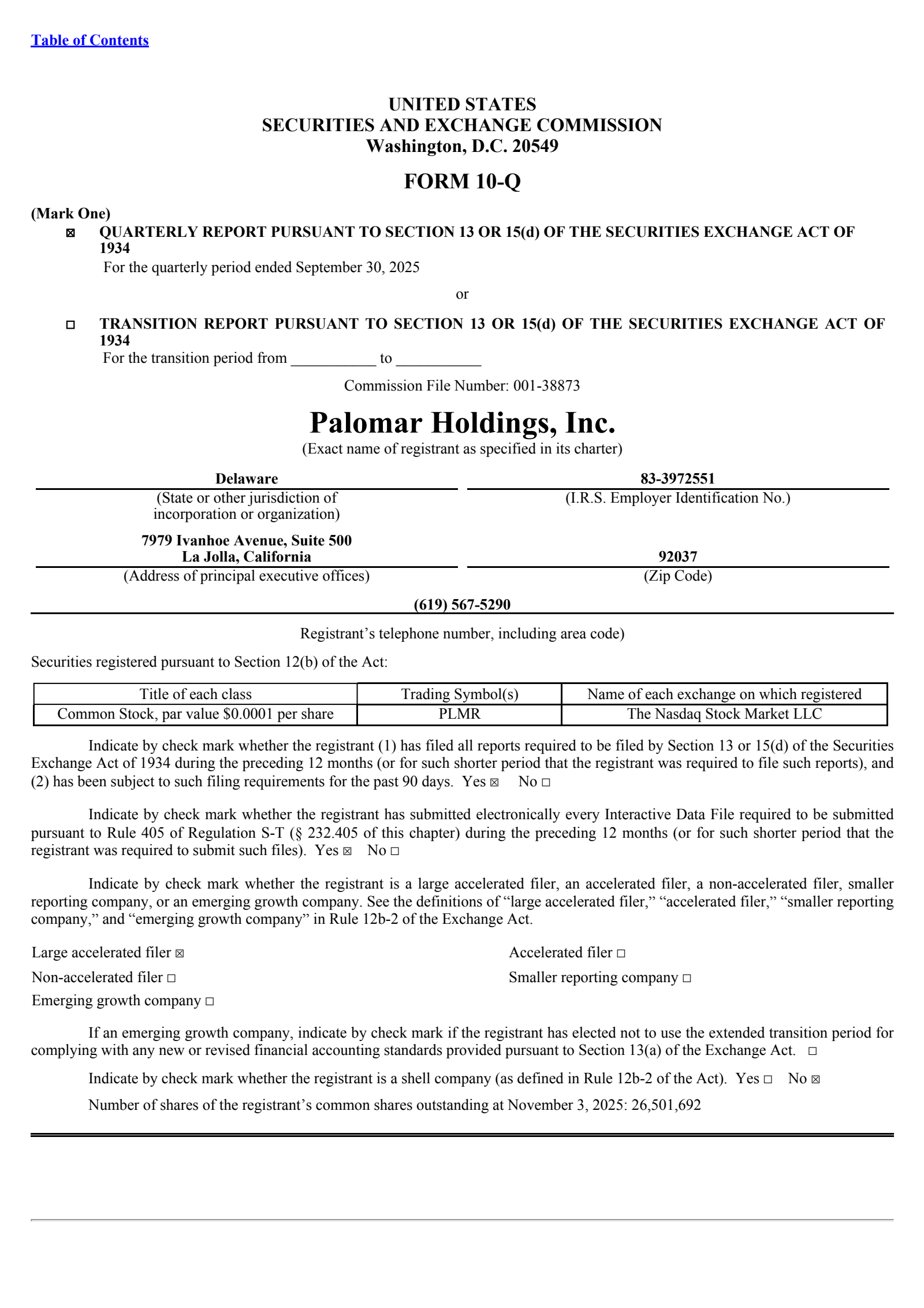 Palomar's Q3 2025 Quarterly Report