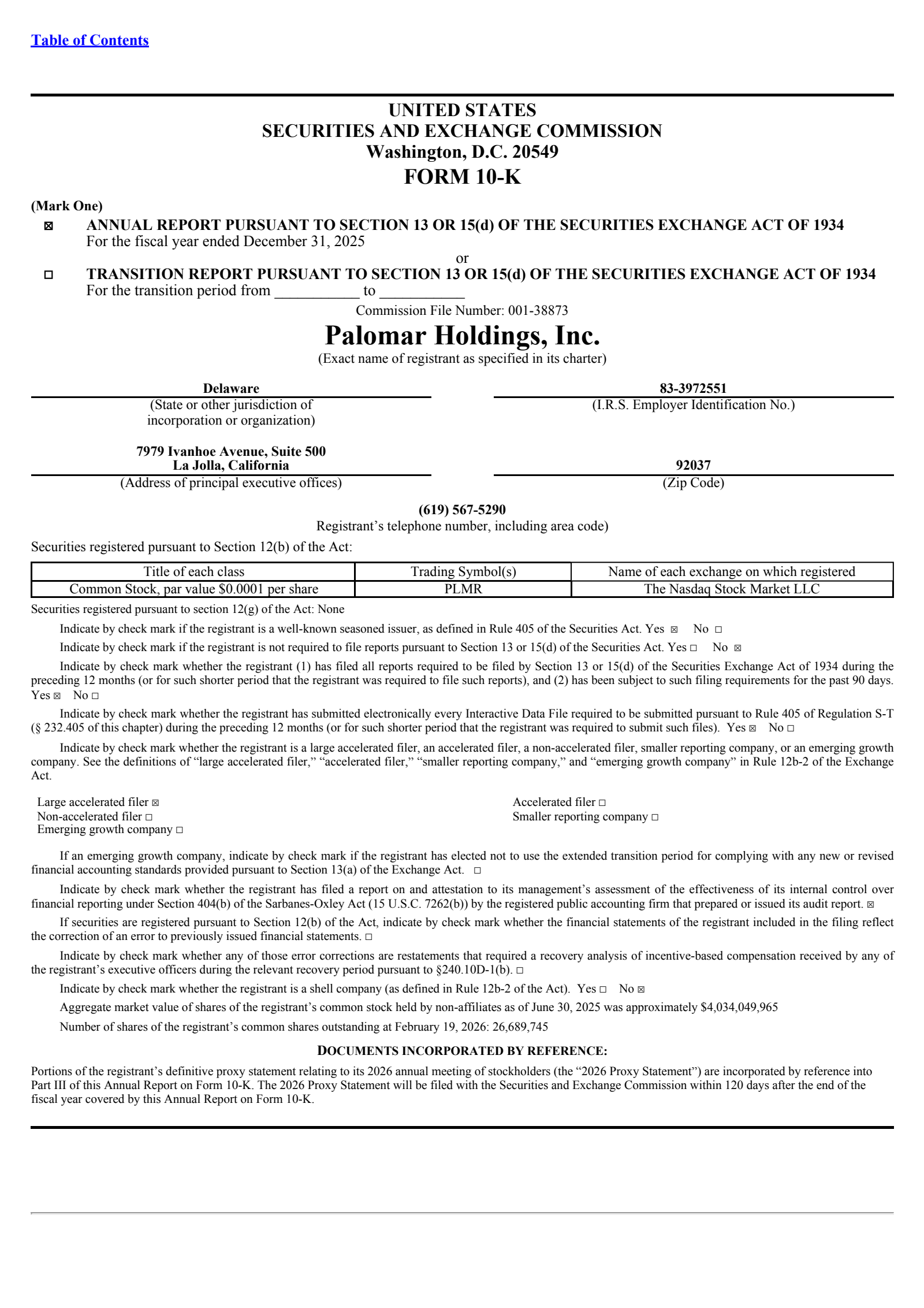 Palomar's Q4 2025 Annual report