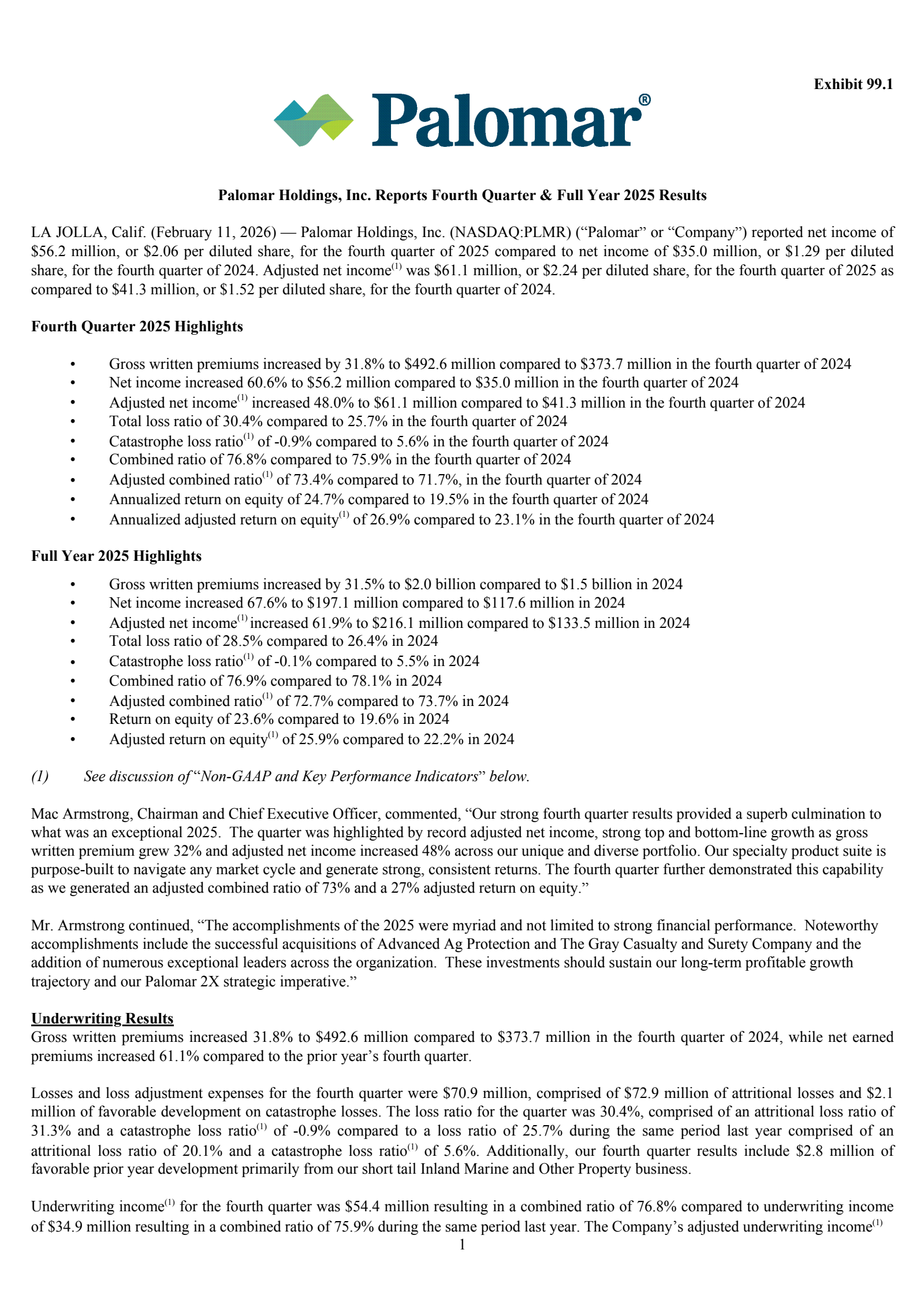 Palomar's Q4 2025 Press Release