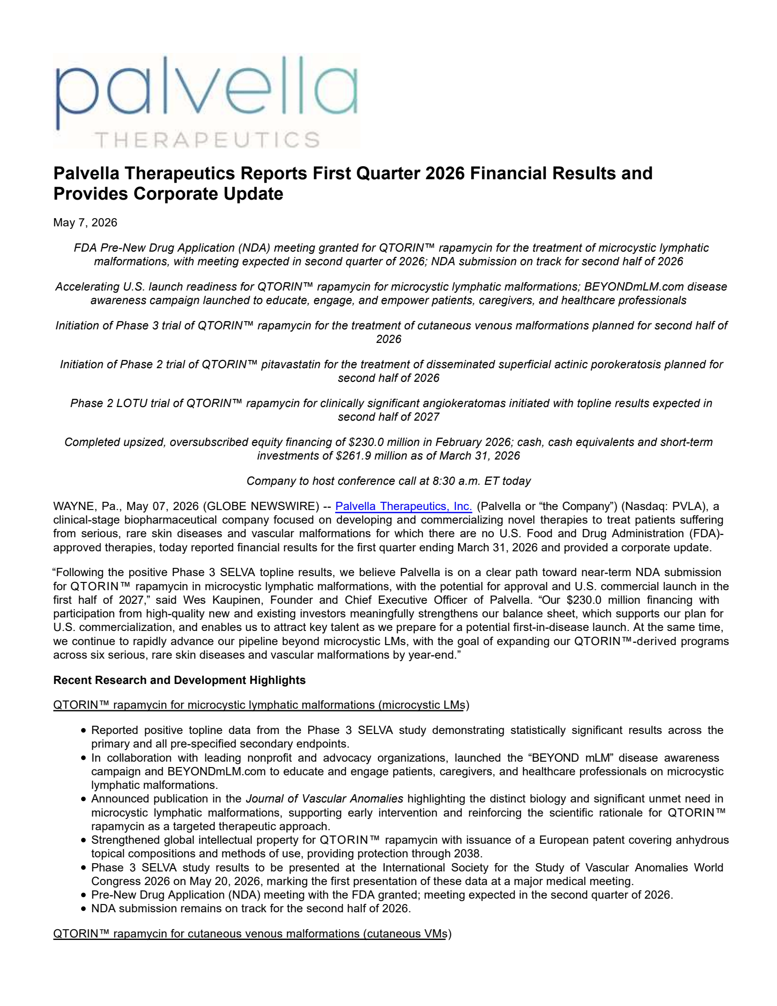 Palvella Therapeutics' Q1 2026 Press Release
