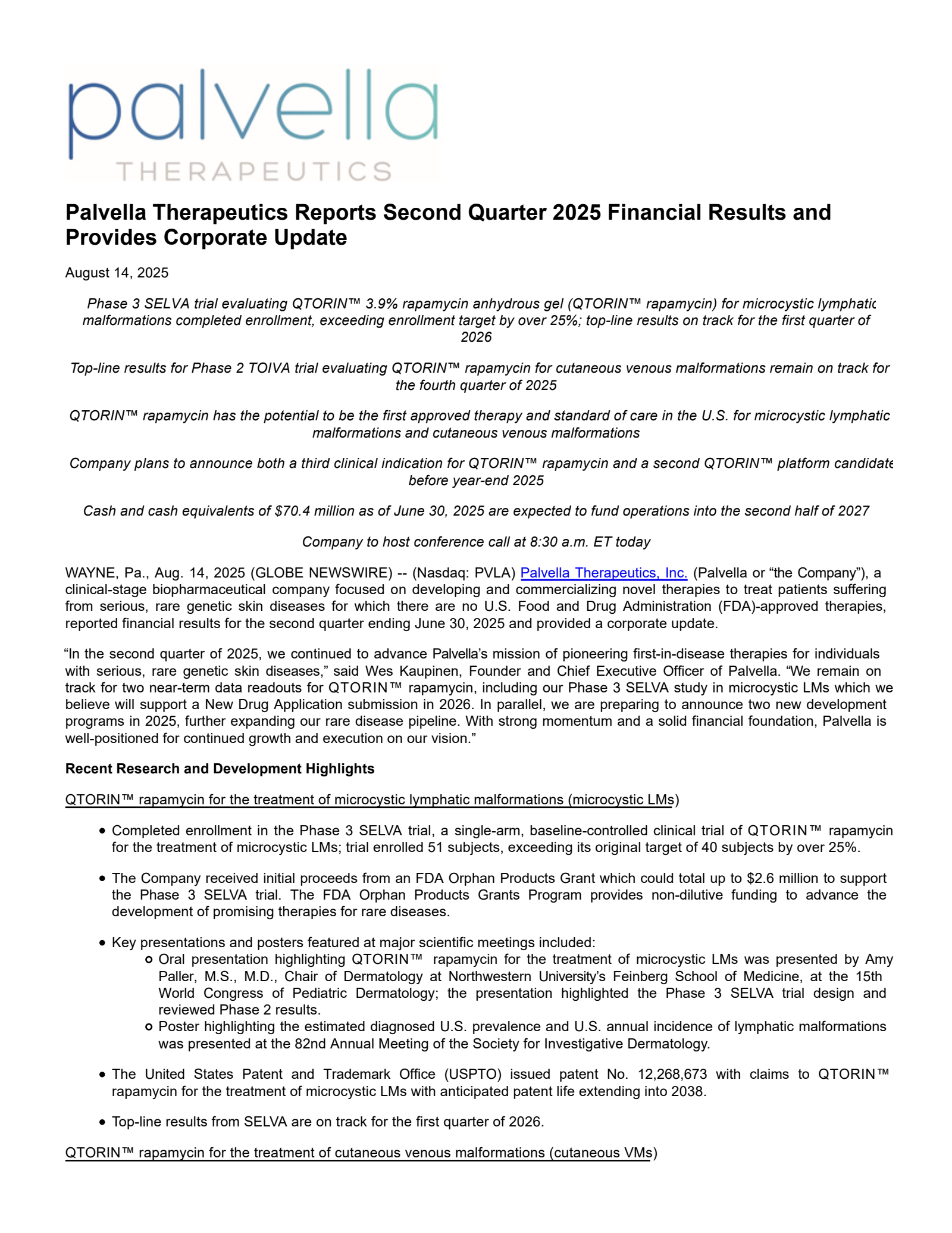 Palvella Therapeutics' Q2 2025 Press Release