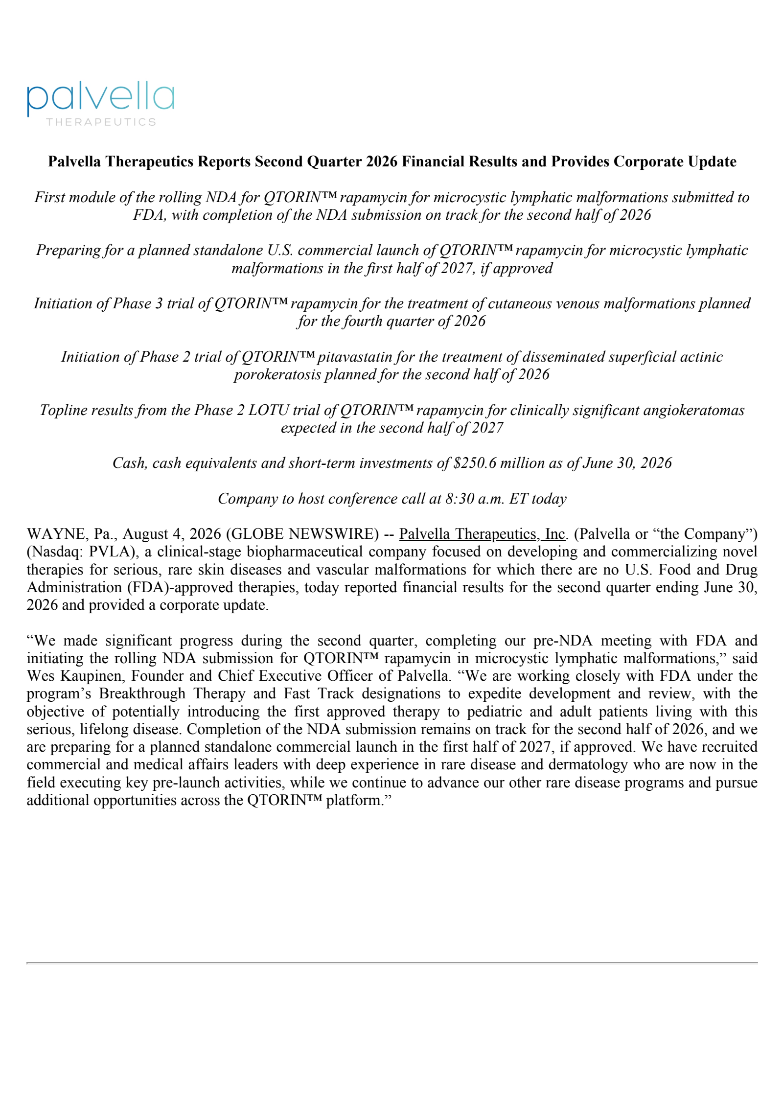 Palvella Therapeutics' Q2 2026 Press Release
