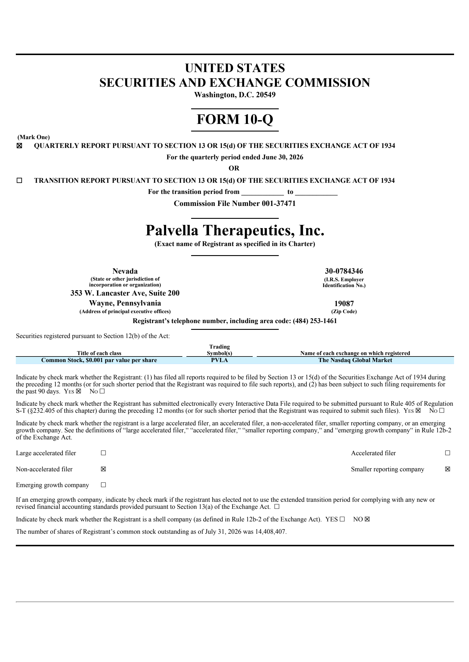 Palvella Therapeutics' Q2 2026 Quarterly report