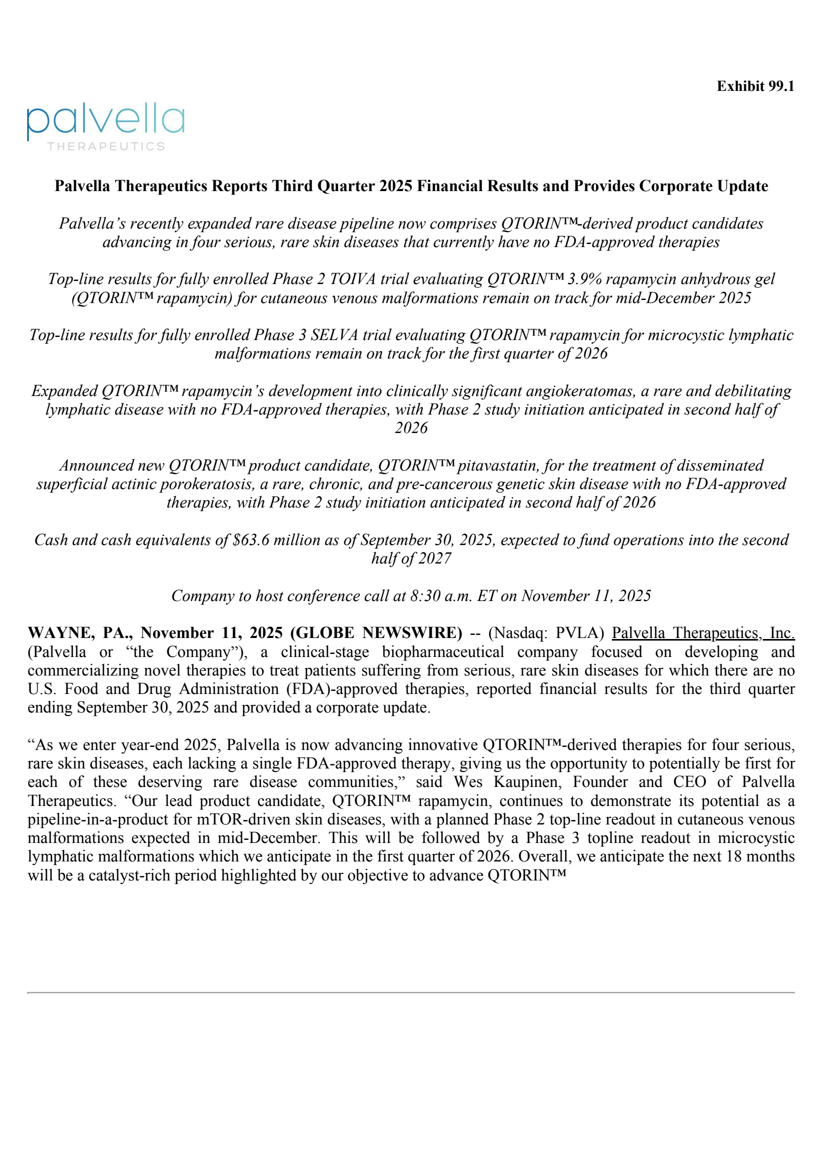 Palvella Therapeutics' Q3 2025 Earnings Release