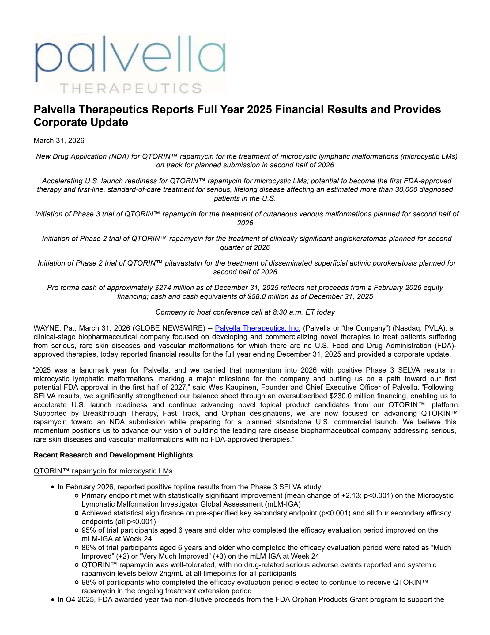 Palvella Therapeutics' Q4 2025 Press Release