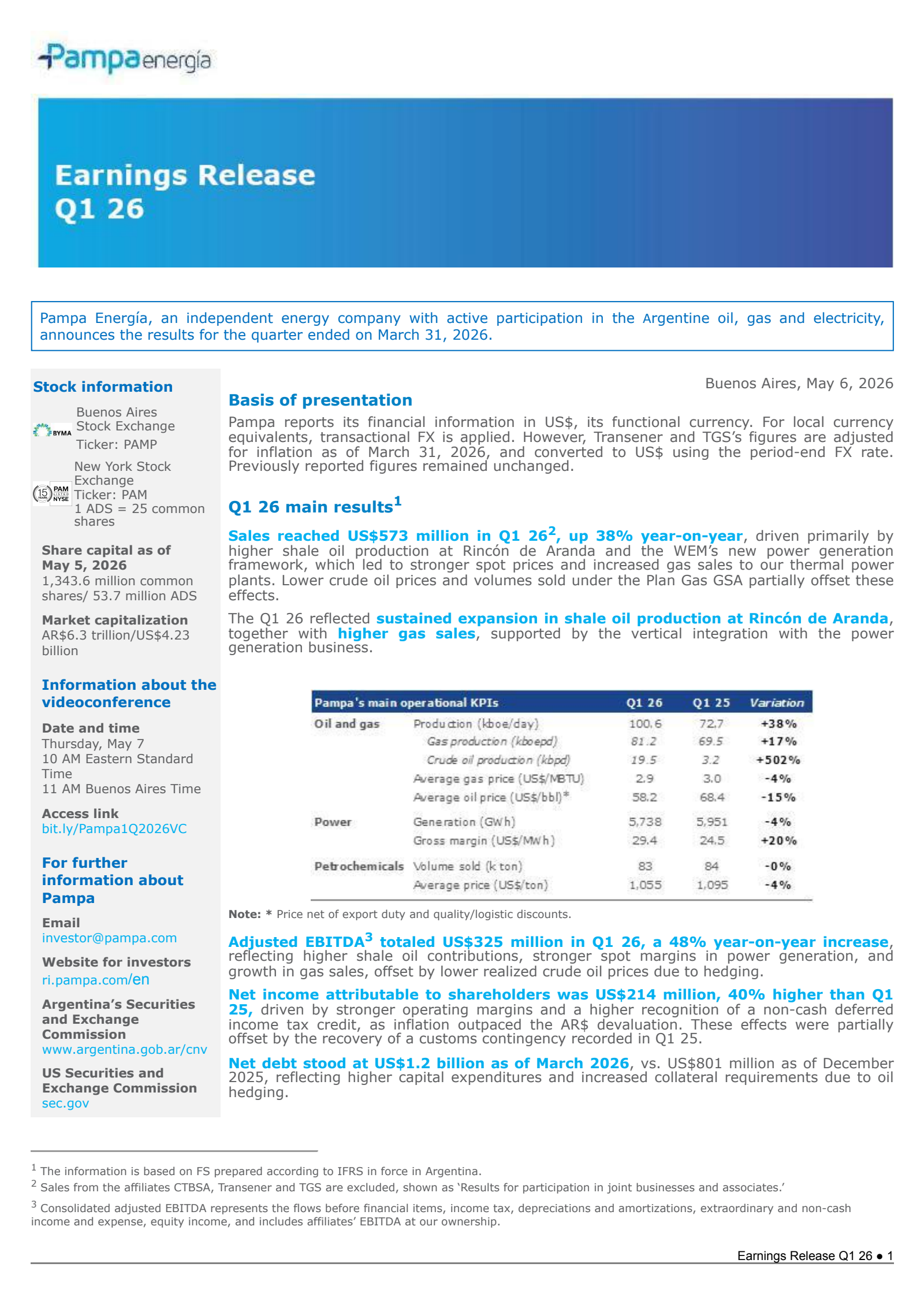 Pampa Energia's Q1 2026 Press Release