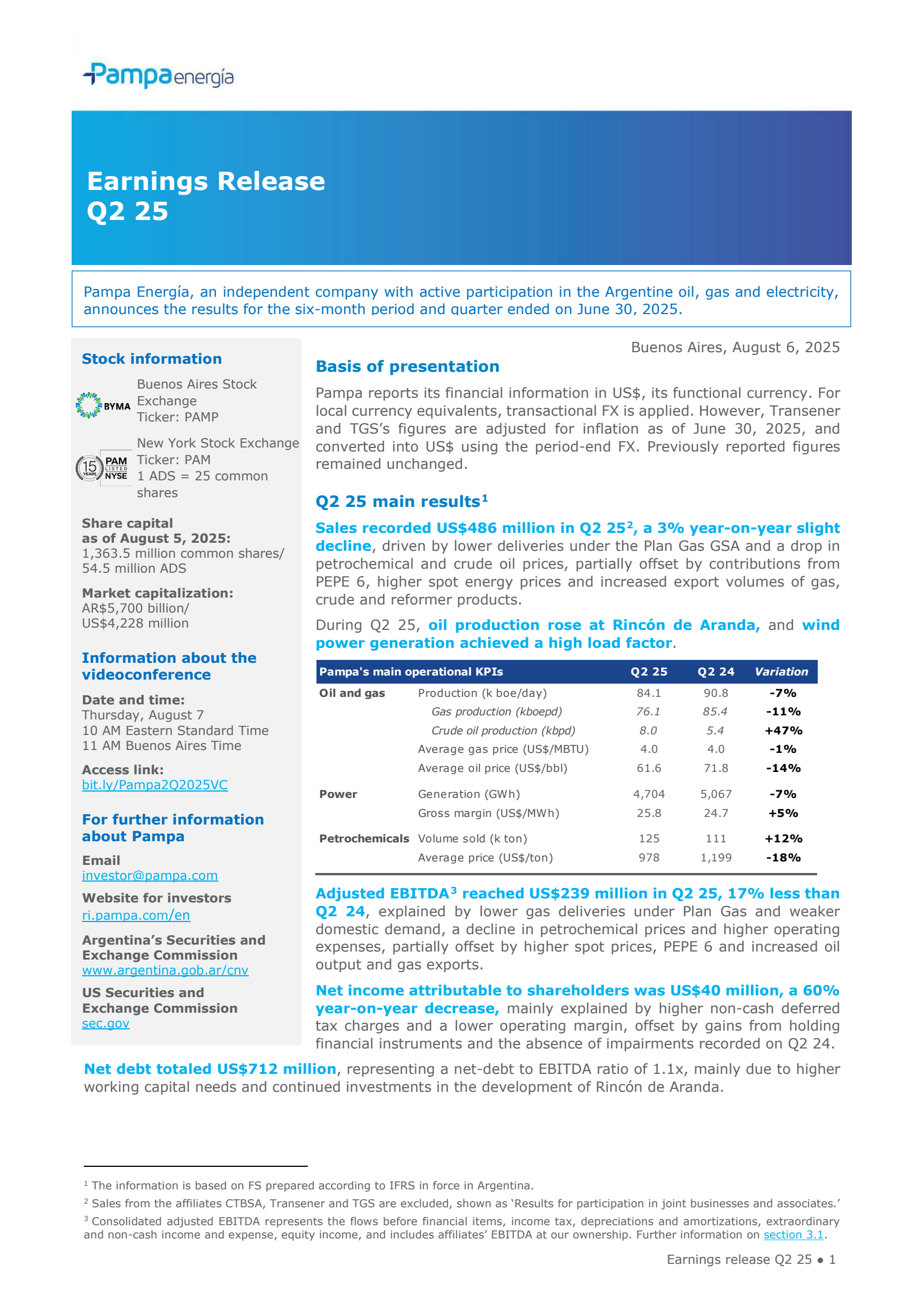 Pampa Energia's Q2 2025 Interim report