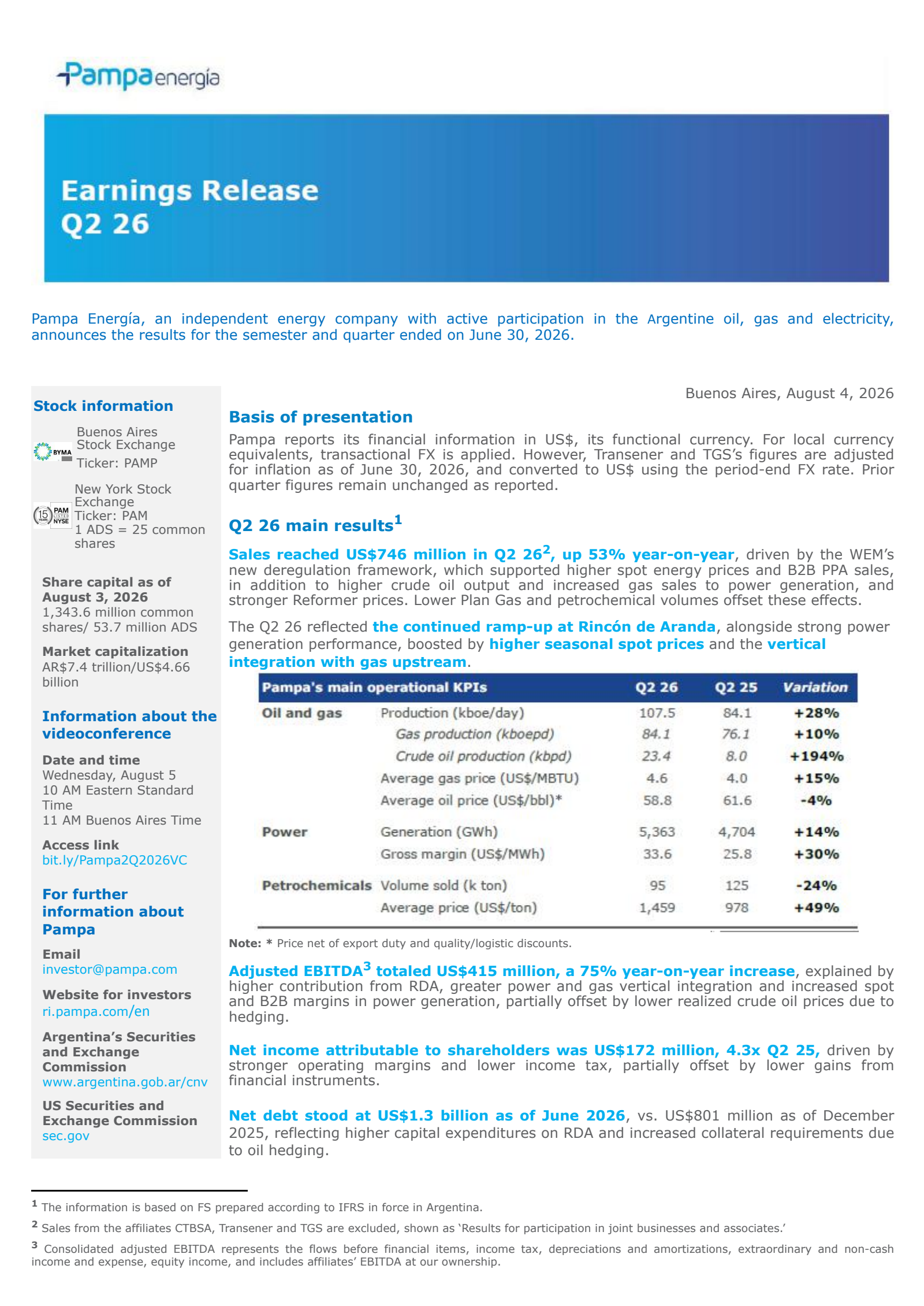 Pampa Energia's Q2 2026 Press Release