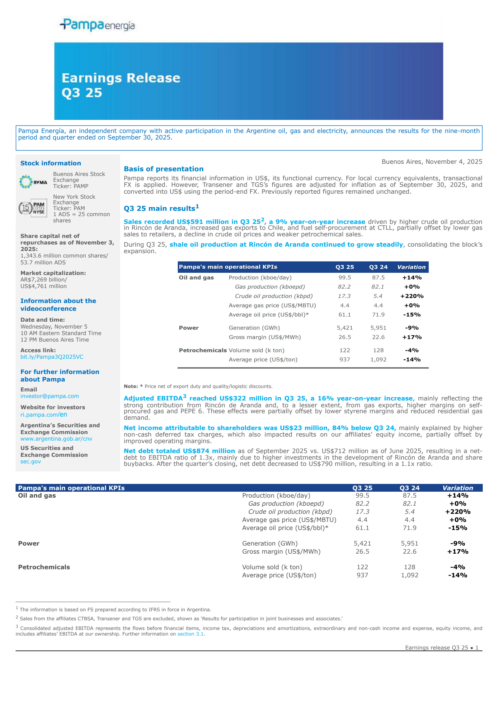 Pampa Energia's Q3 2025 Earnings Release