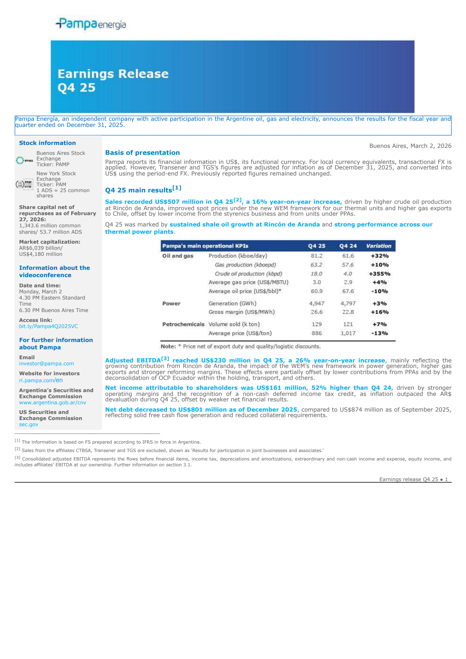 Pampa Energia's Q4 2025 Press Release