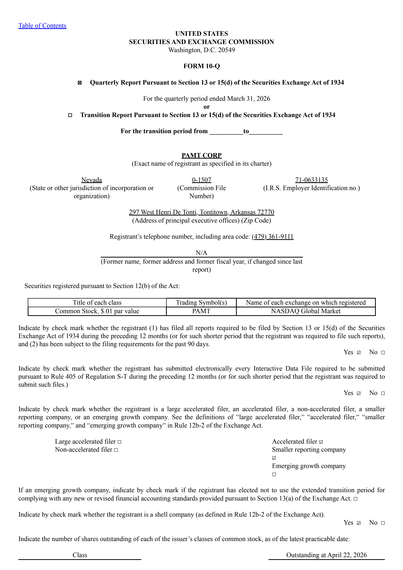 PAMT's Q1 2026 Quarterly report