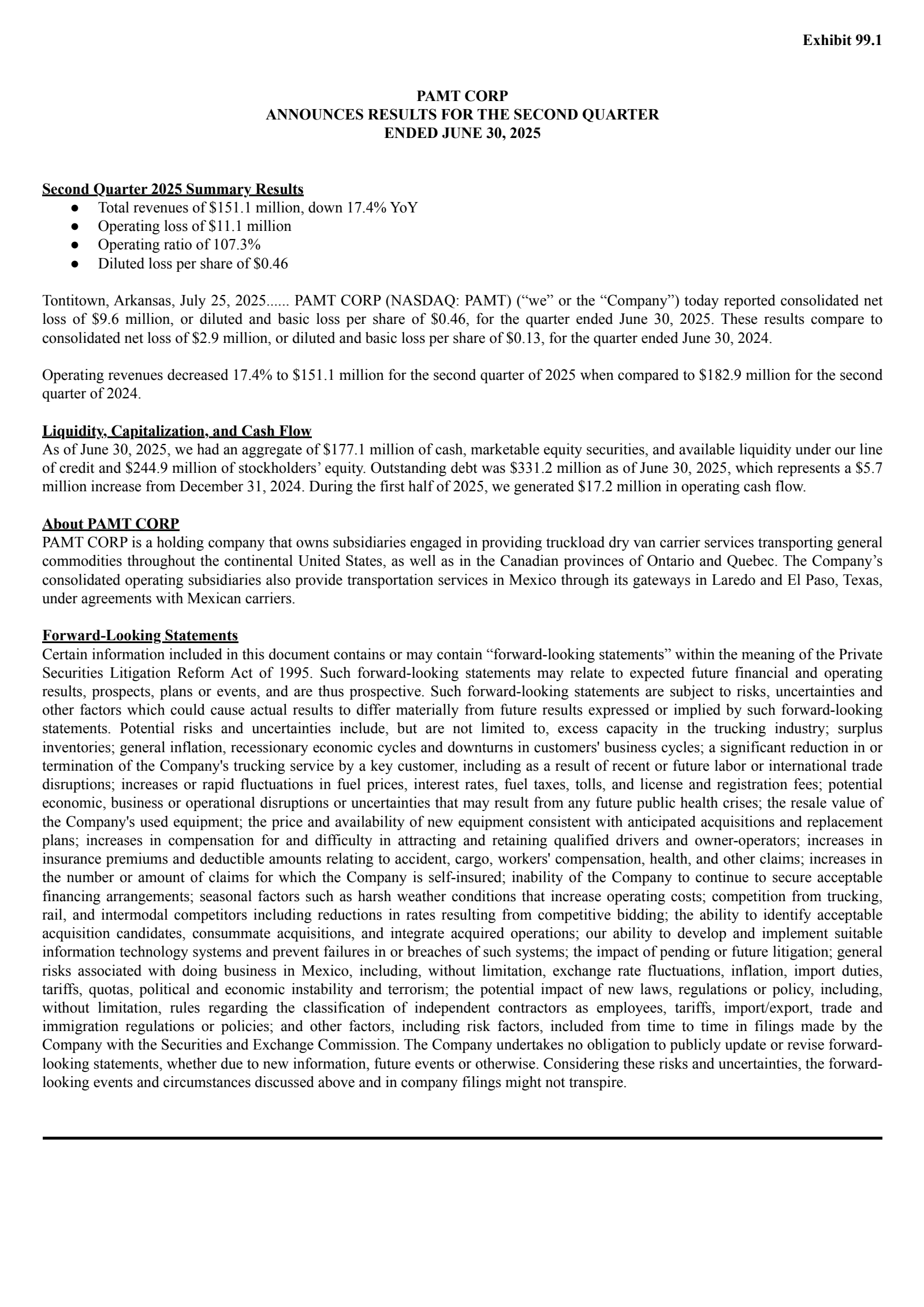 PAMT's Q2 2025 Press Release