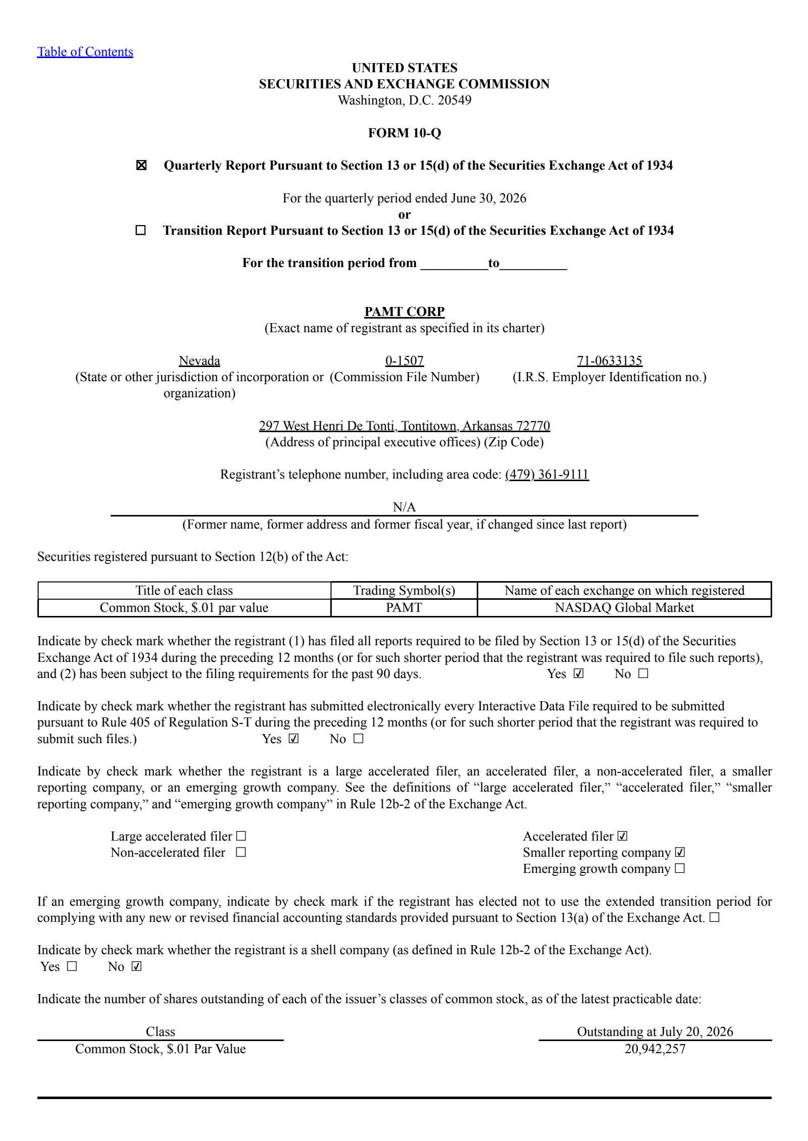 PAMT's Q2 2026 Quarterly report