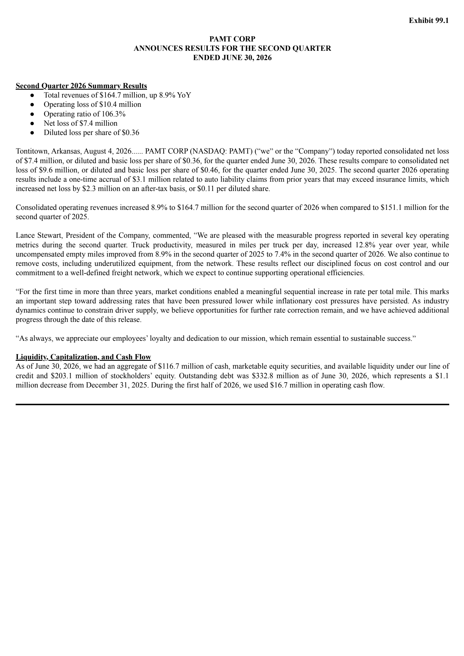 PAMT's Q2 2026 Press Release