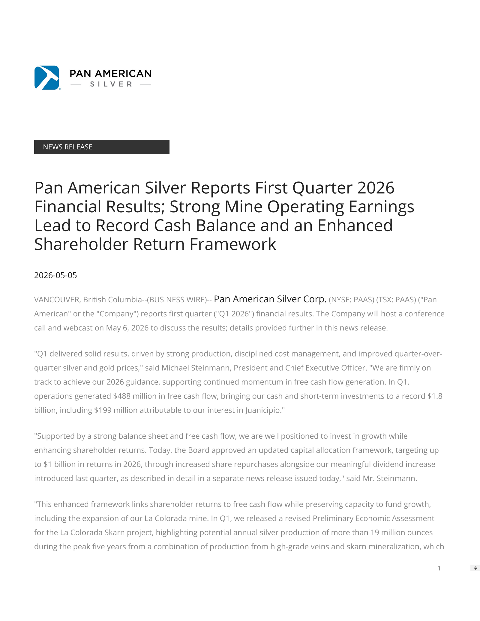 Pan American Silver's Q1 2026 Press Release
