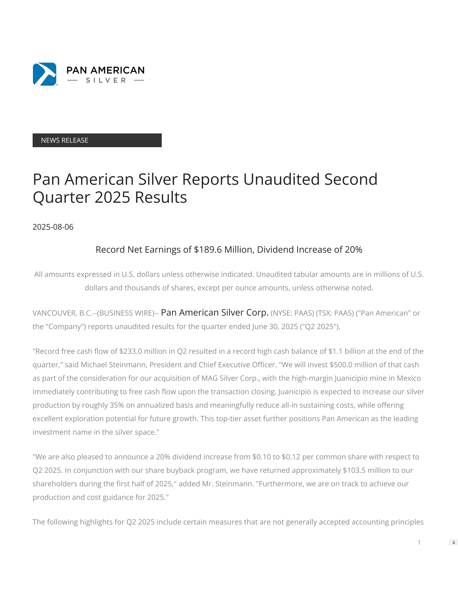 Pan American Silver's Q2 2025 Press Release