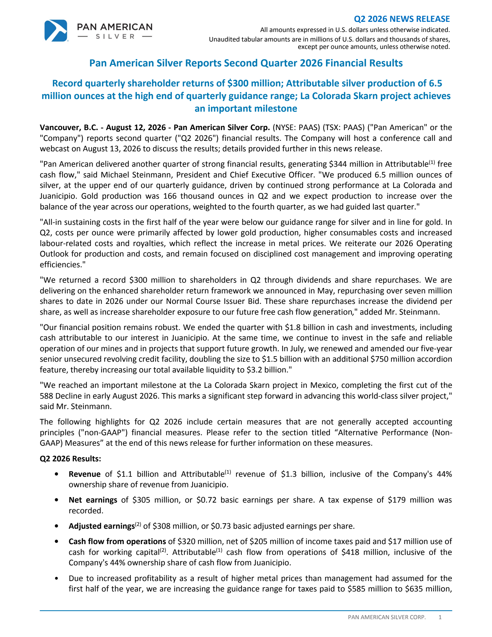 Pan American Silver's Q2 2026 Press Release