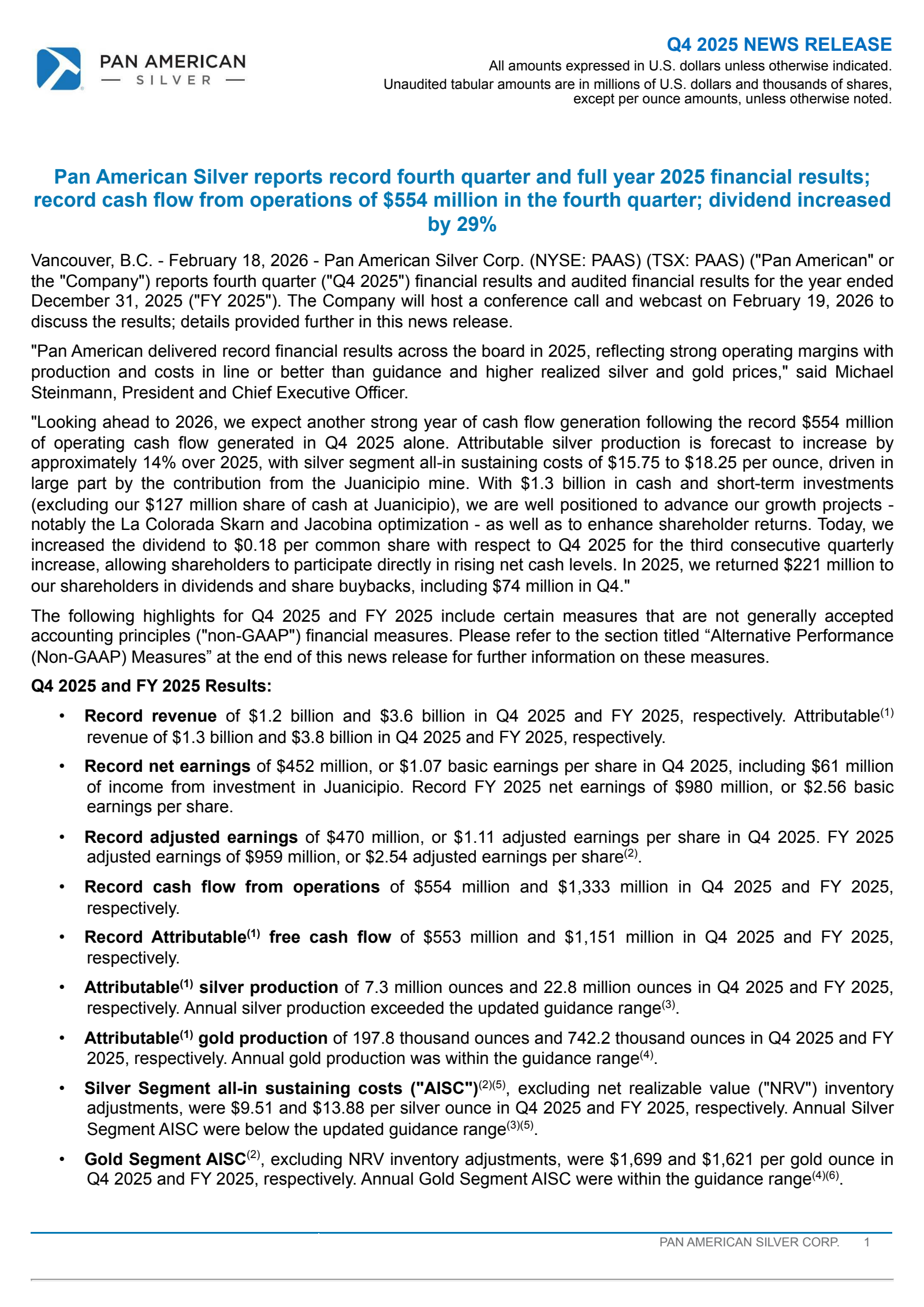 Pan American Silver's Q4 2025 Press Release