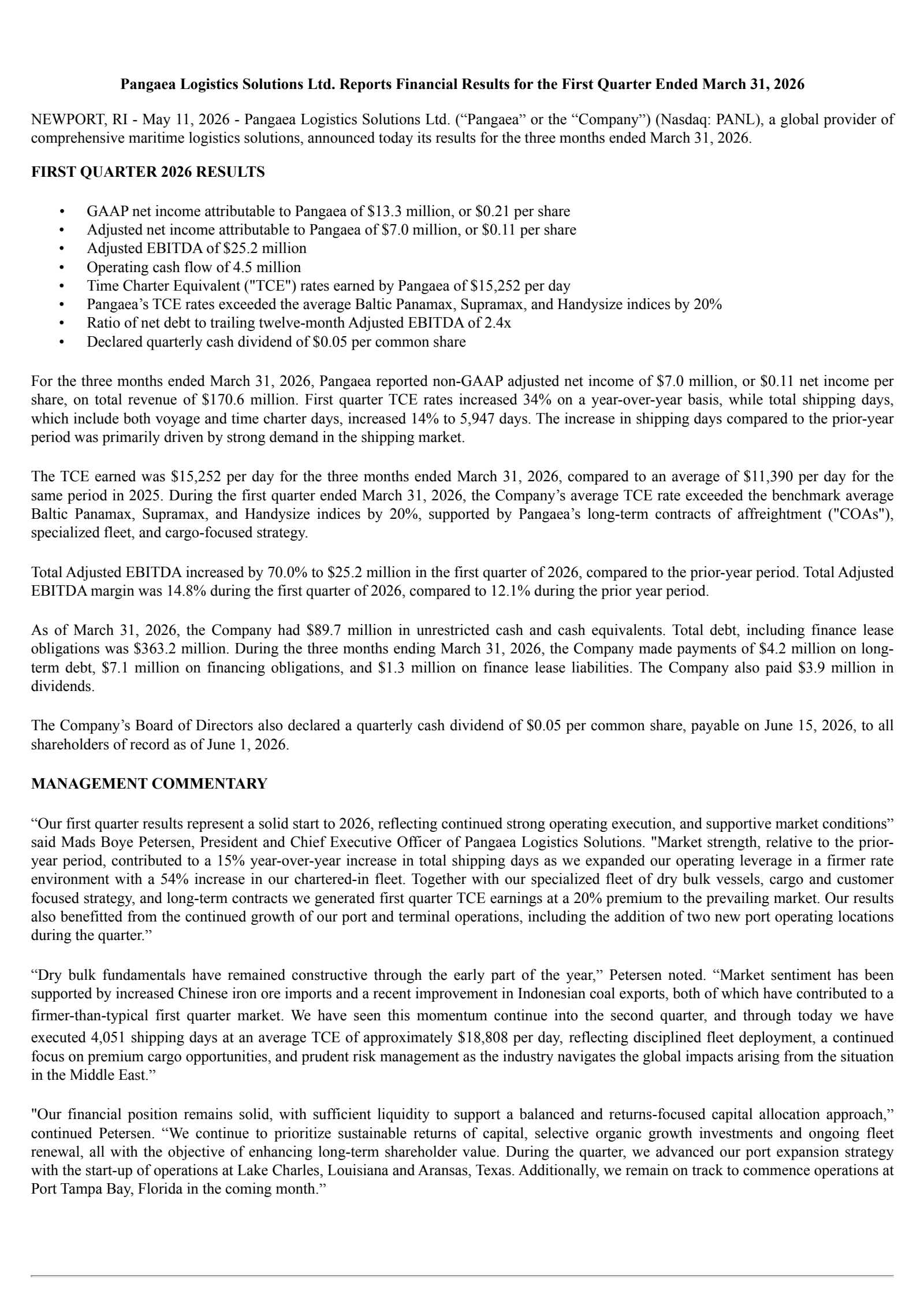 Pangaea Logistics Solutions' Q1 2026 Press Release