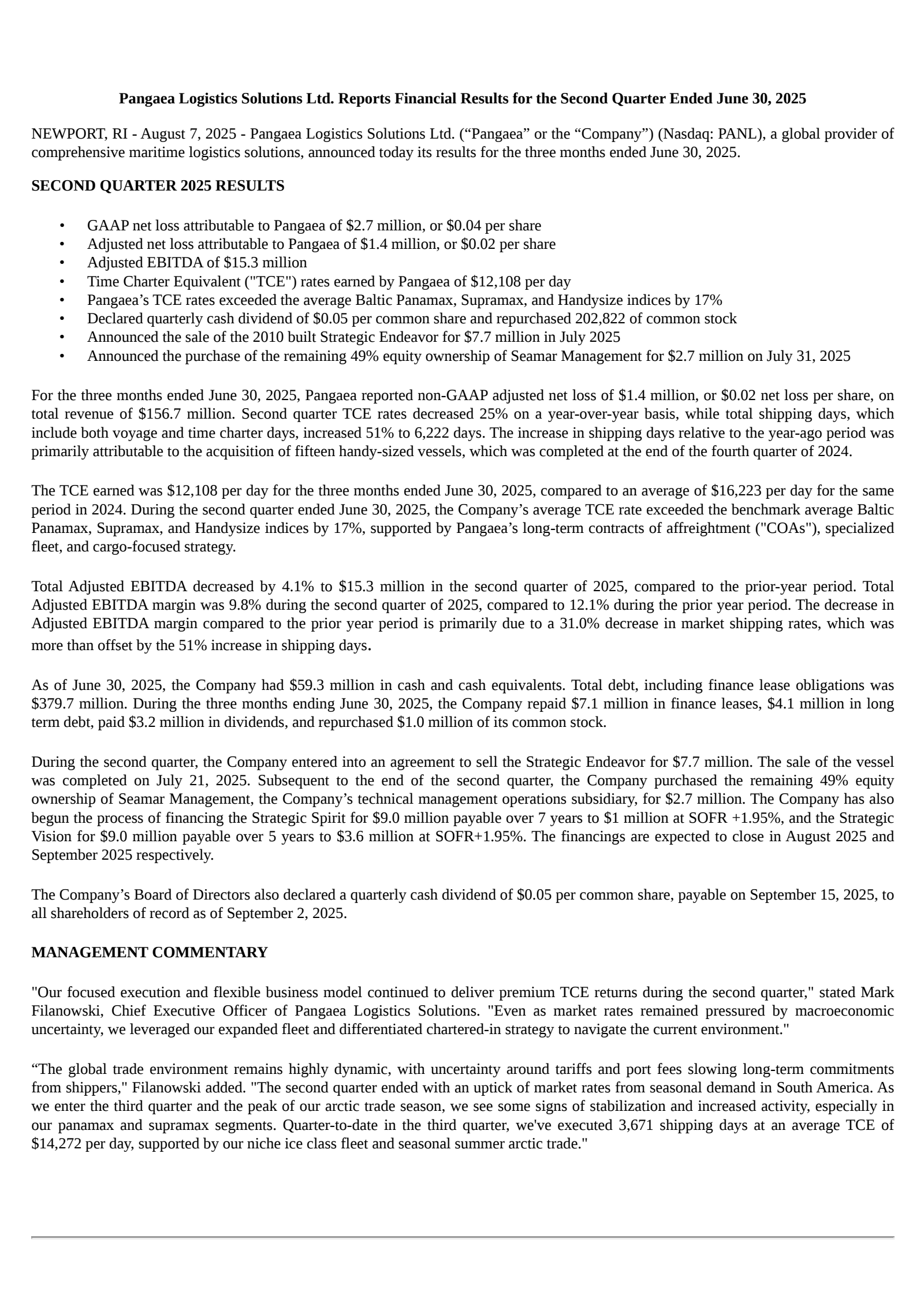 Pangaea Logistics Solutions' Q2 2025 Press Release