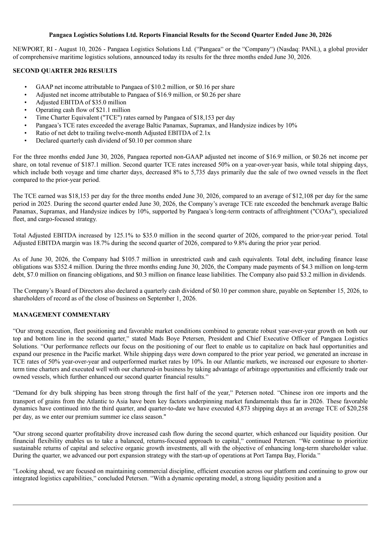Pangaea Logistics Solutions' Q2 2026 Press Release