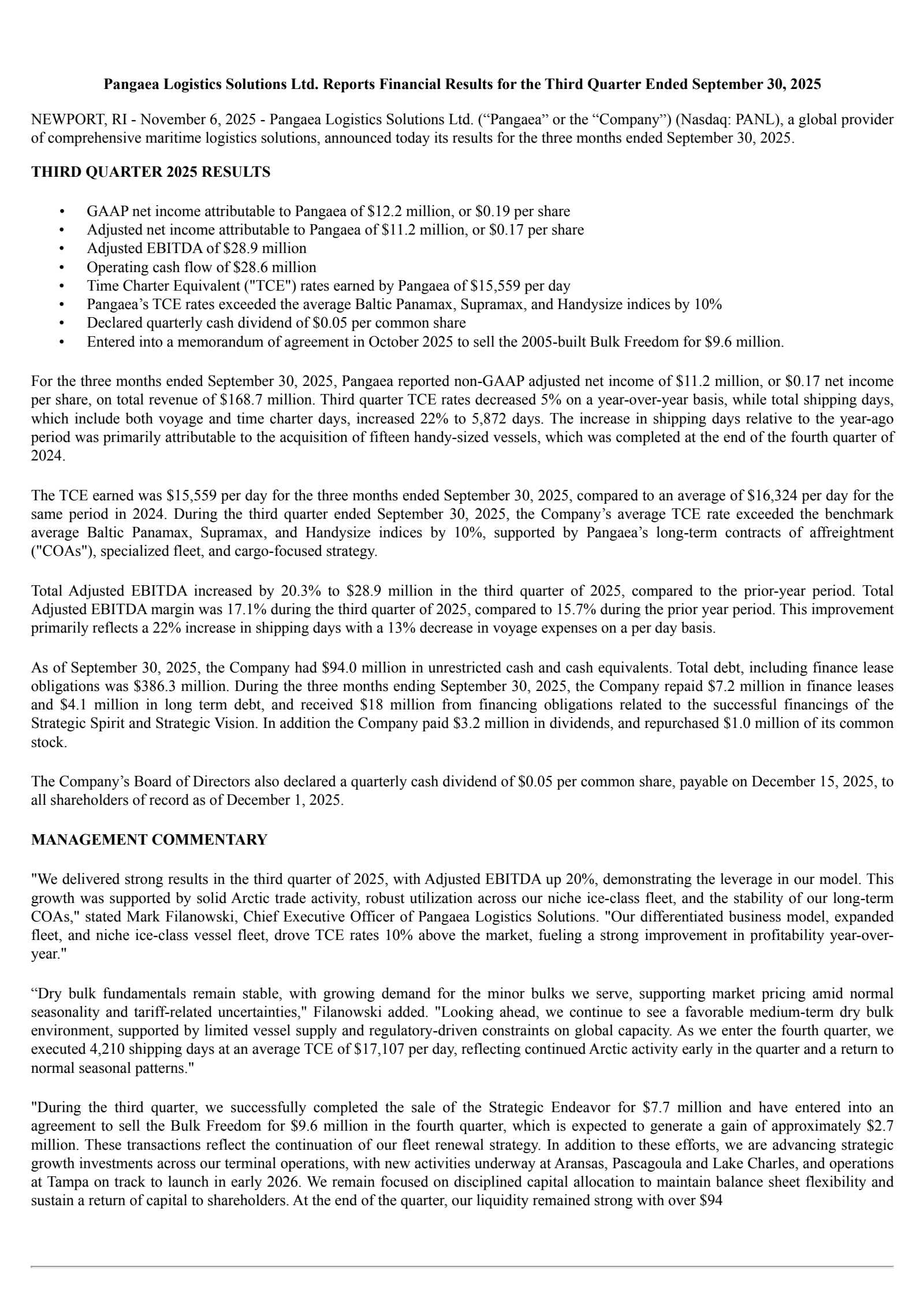 Pangaea Logistics Solutions' Q3 2025 Earnings Release