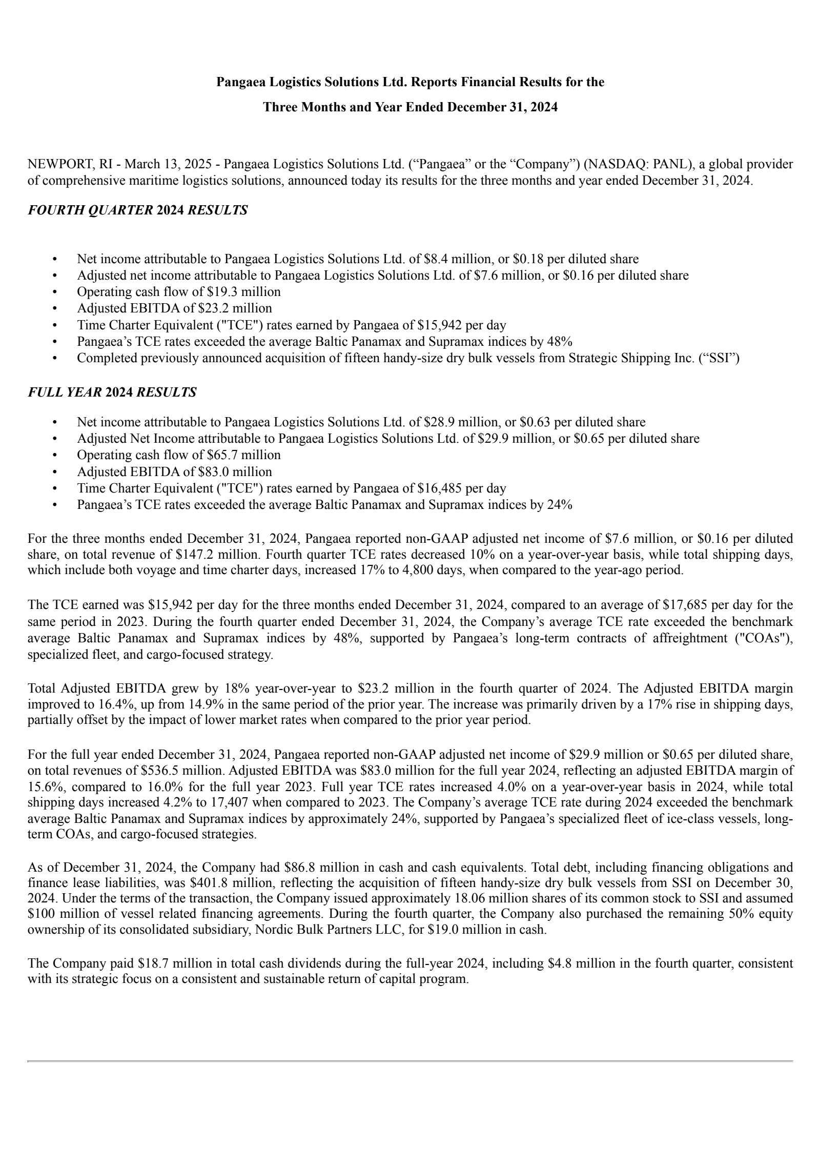 Pangaea Logistics Solutions' Q4 2024 Press Release