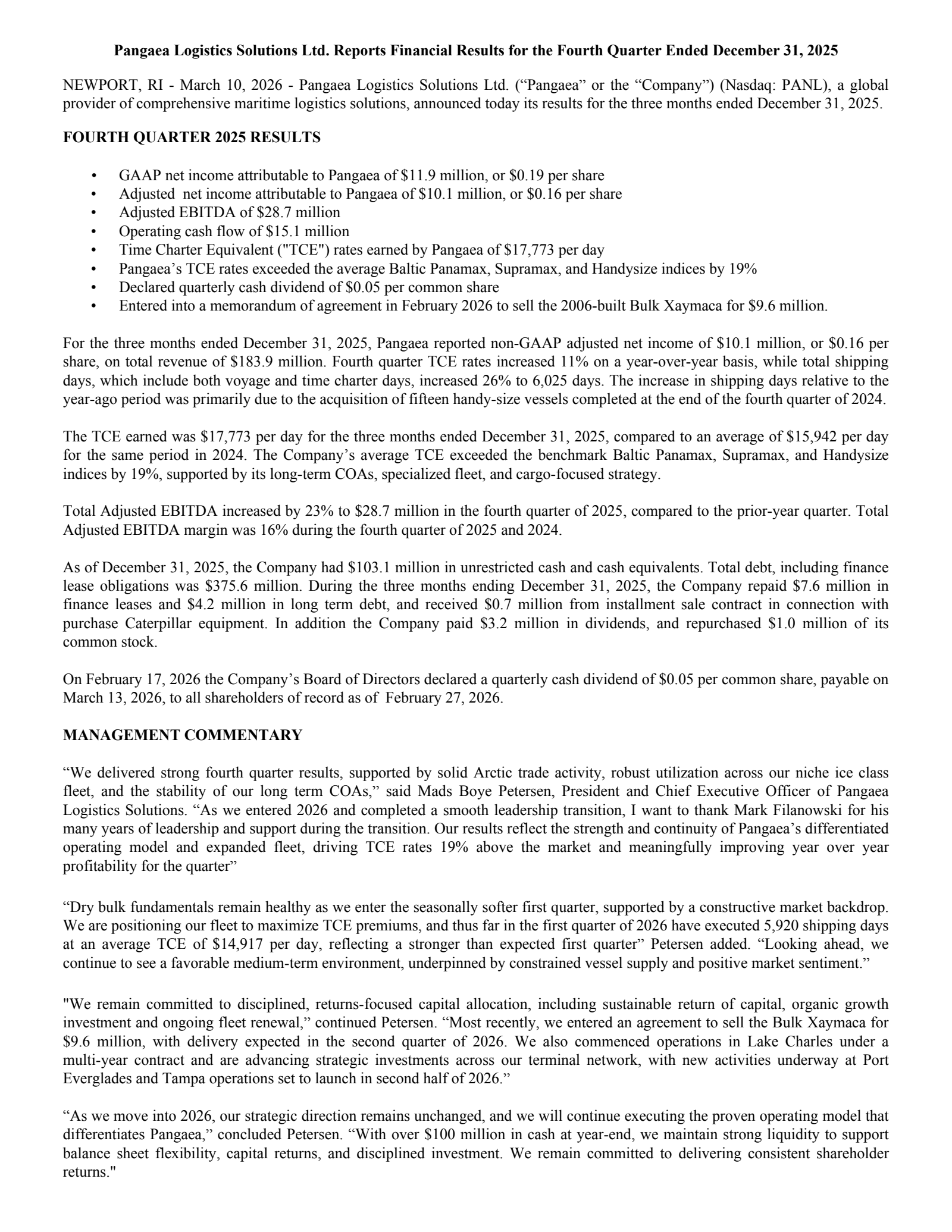 Pangaea Logistics Solutions' Q4 2025 Press Release