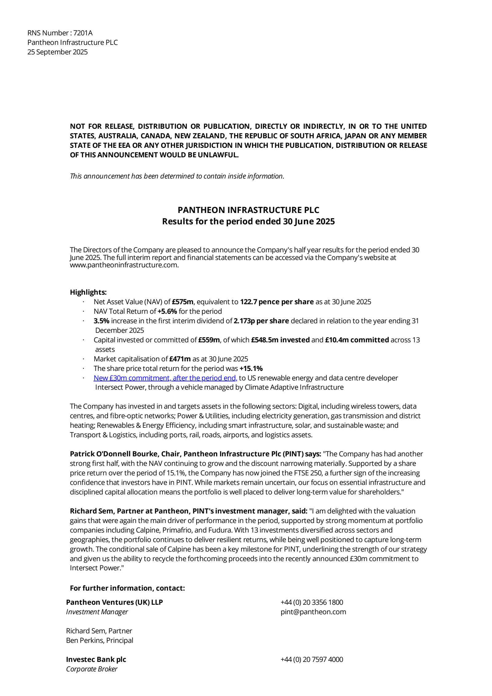 Pantheon Infrastructure's H1 2025 Press Release
