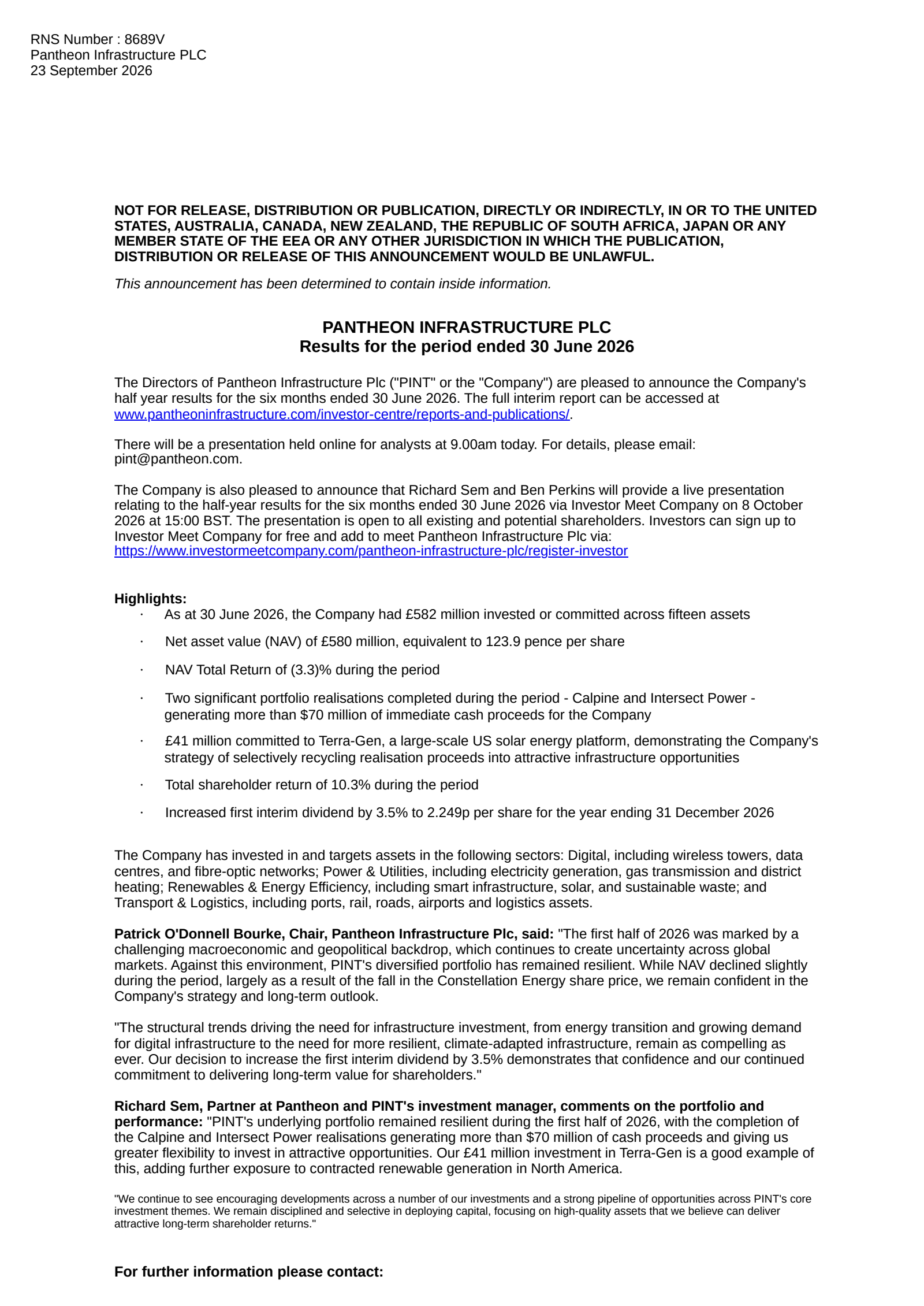 Pantheon Infrastructure's H1 2026 Press Release