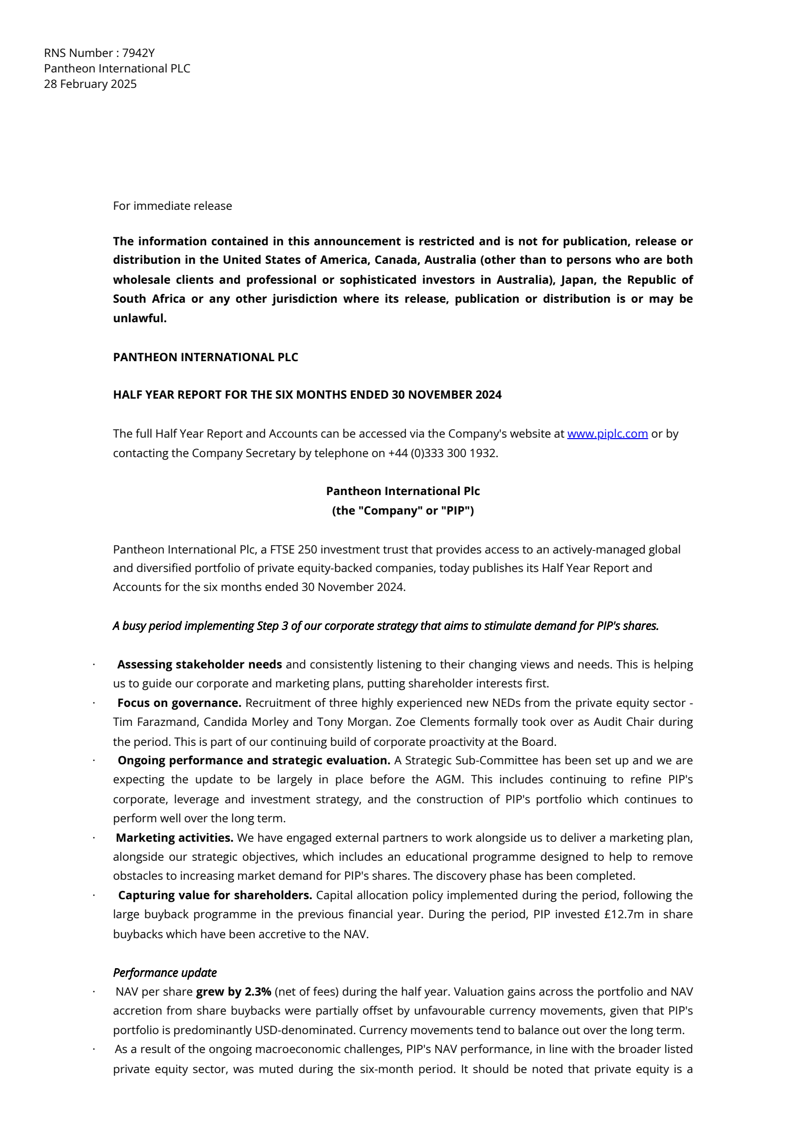 Pantheon International's H1 2025 Press Release