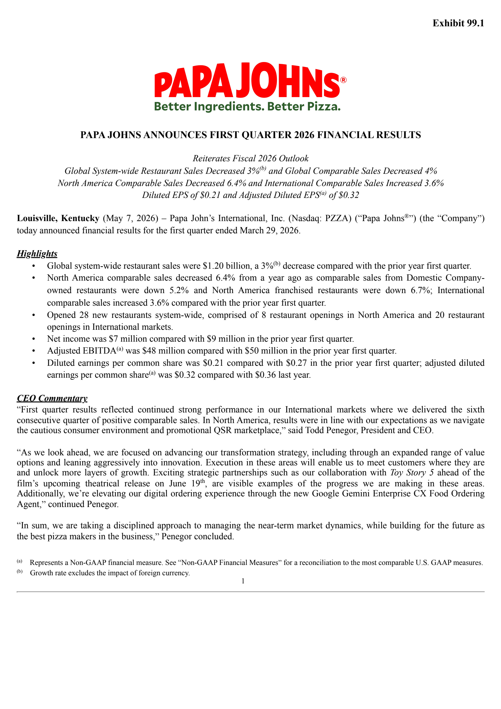 Papa John's International's Q1 2026 Press Release