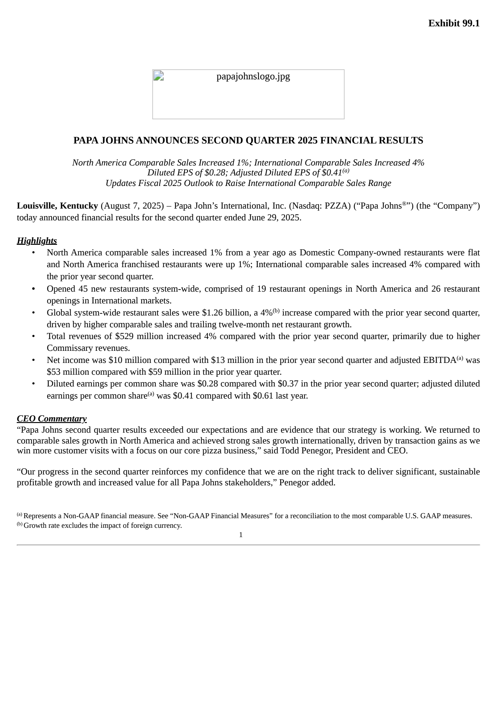 Papa John's International's Q2 2025 Press Release