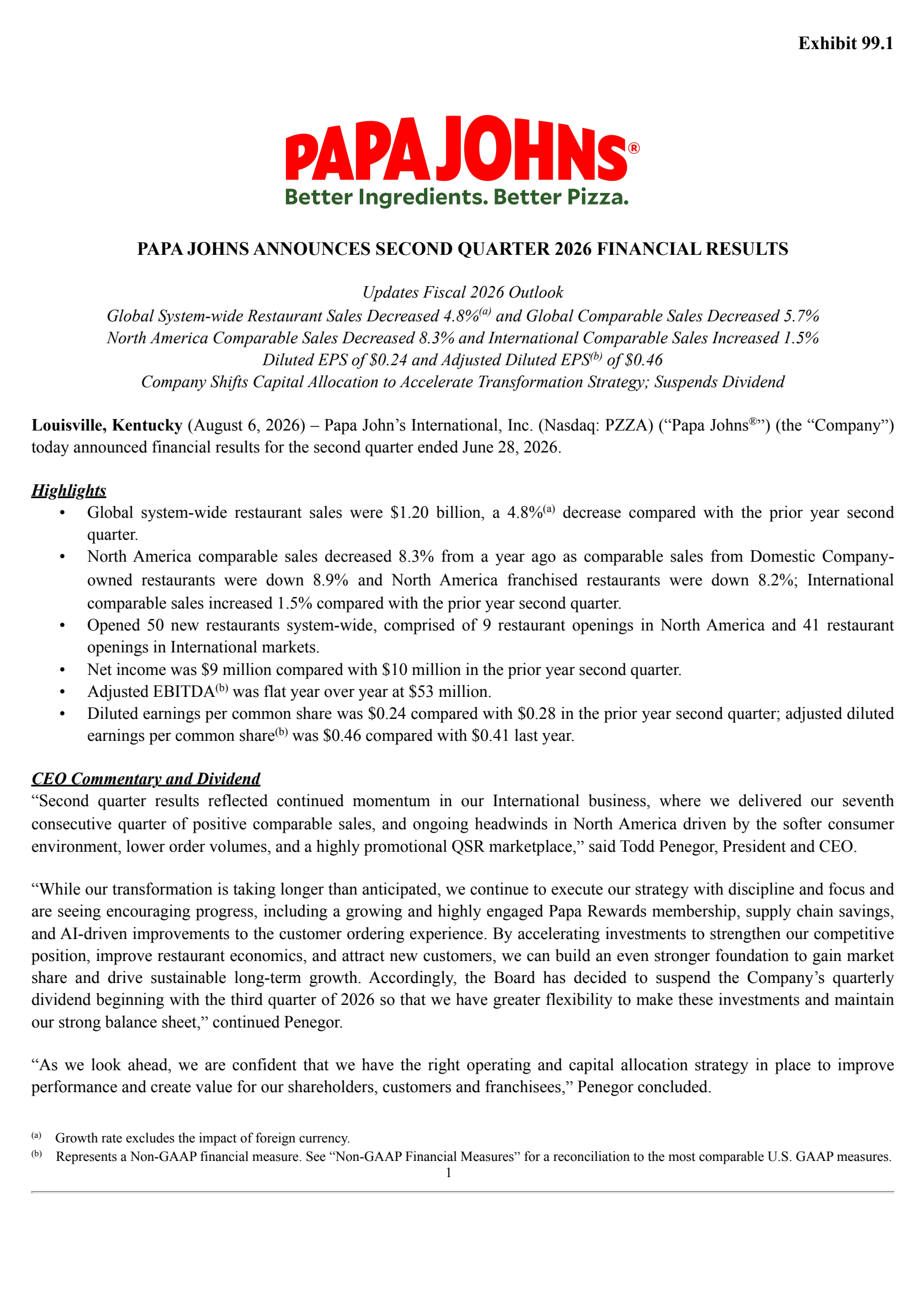 Papa John's International's Q2 2026 Press Release