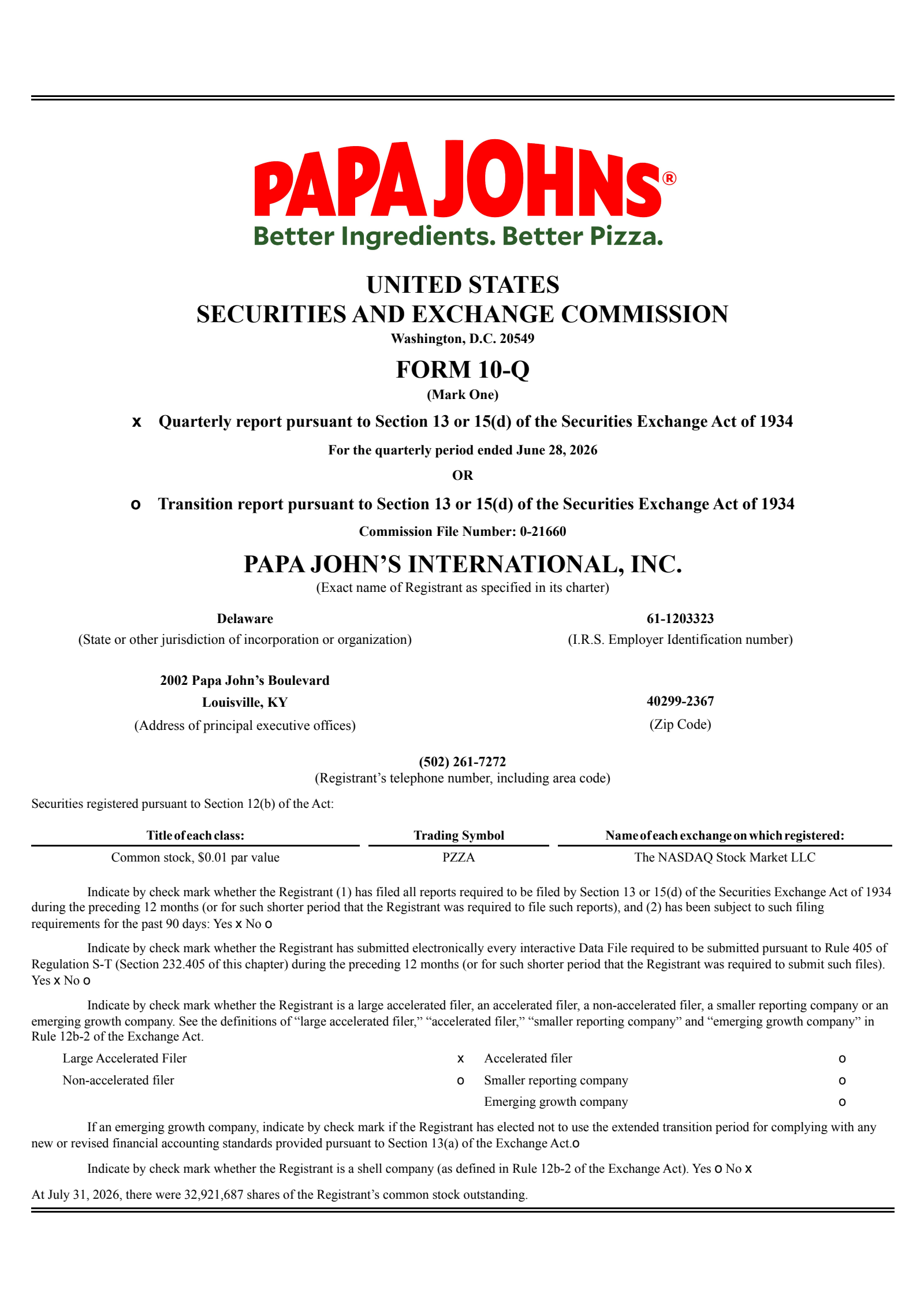 Papa John's International's Q2 2026 Quarterly report