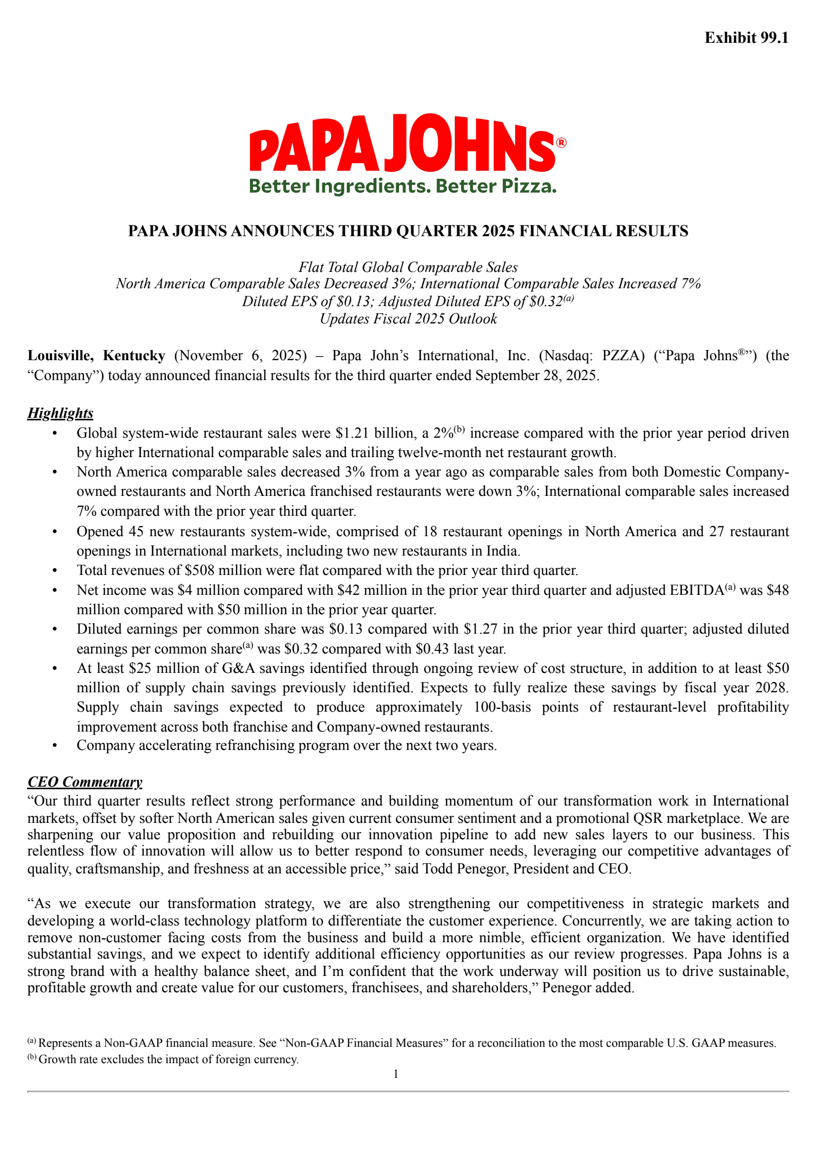 Papa John's International's Q3 2025 Earnings Release