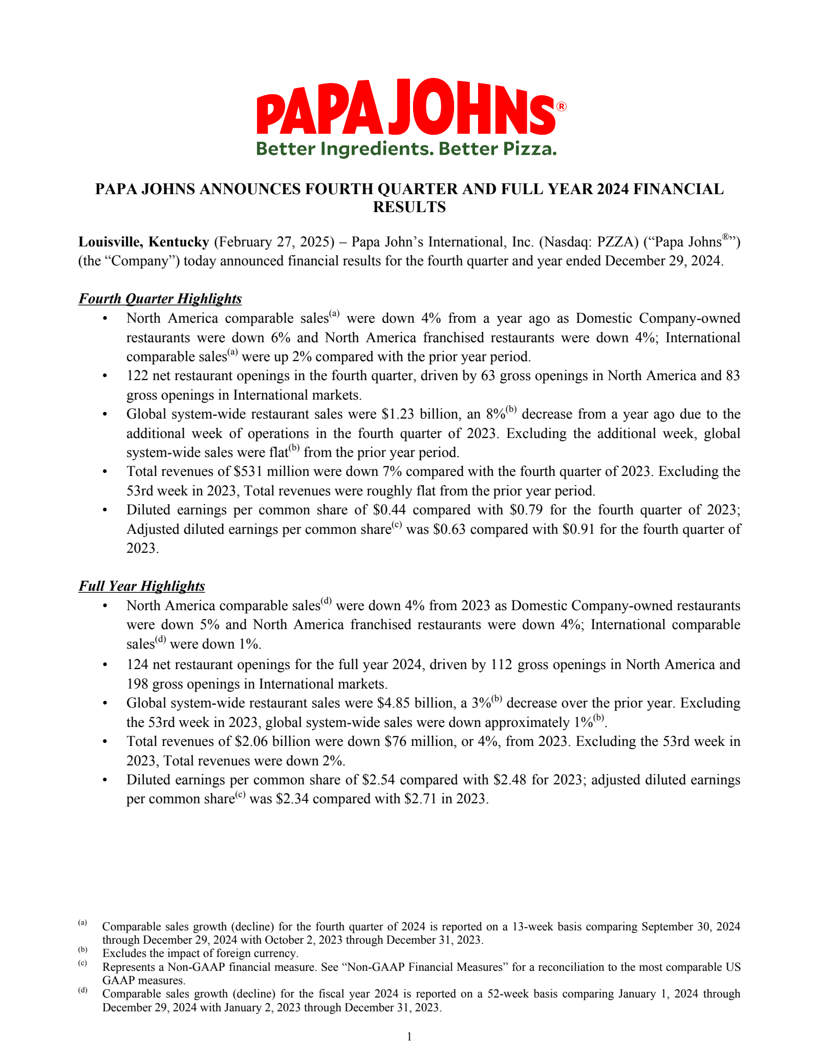 Papa John's International's Q4 2024 Press Release