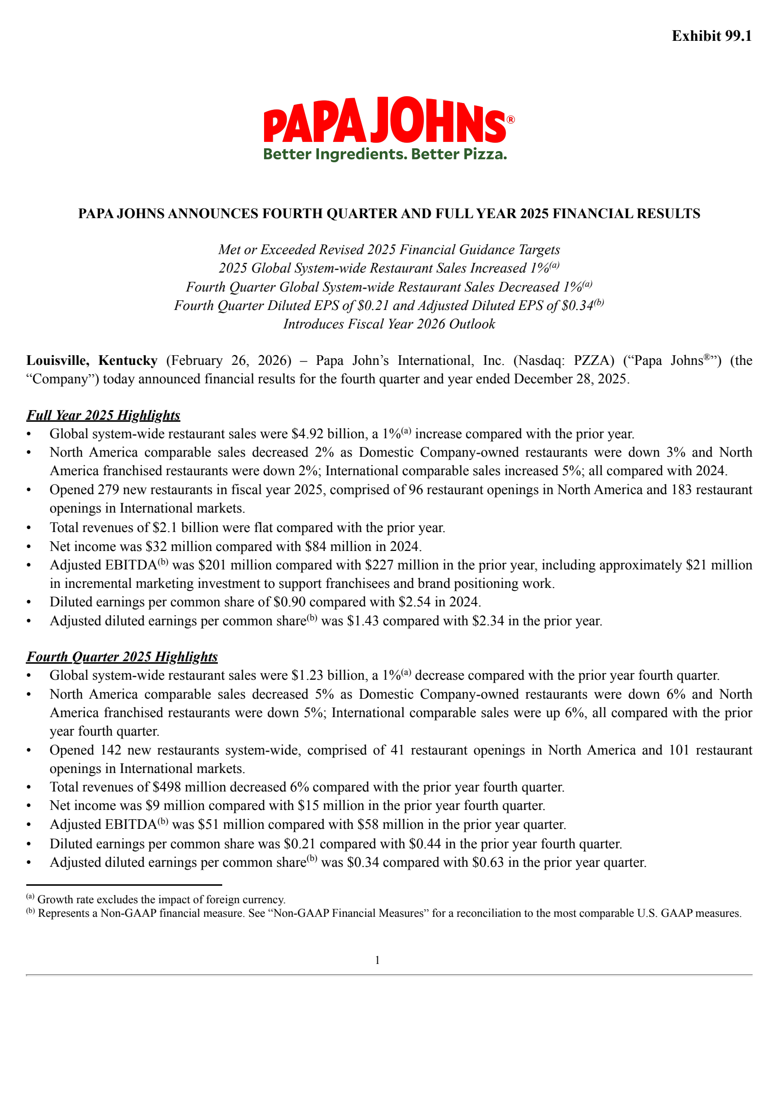 Papa John's International's Q4 2025 Press Release