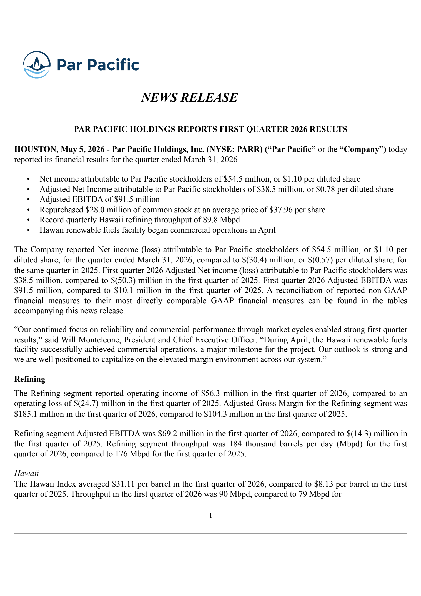 Par Pacific's Q1 2026 Press Release