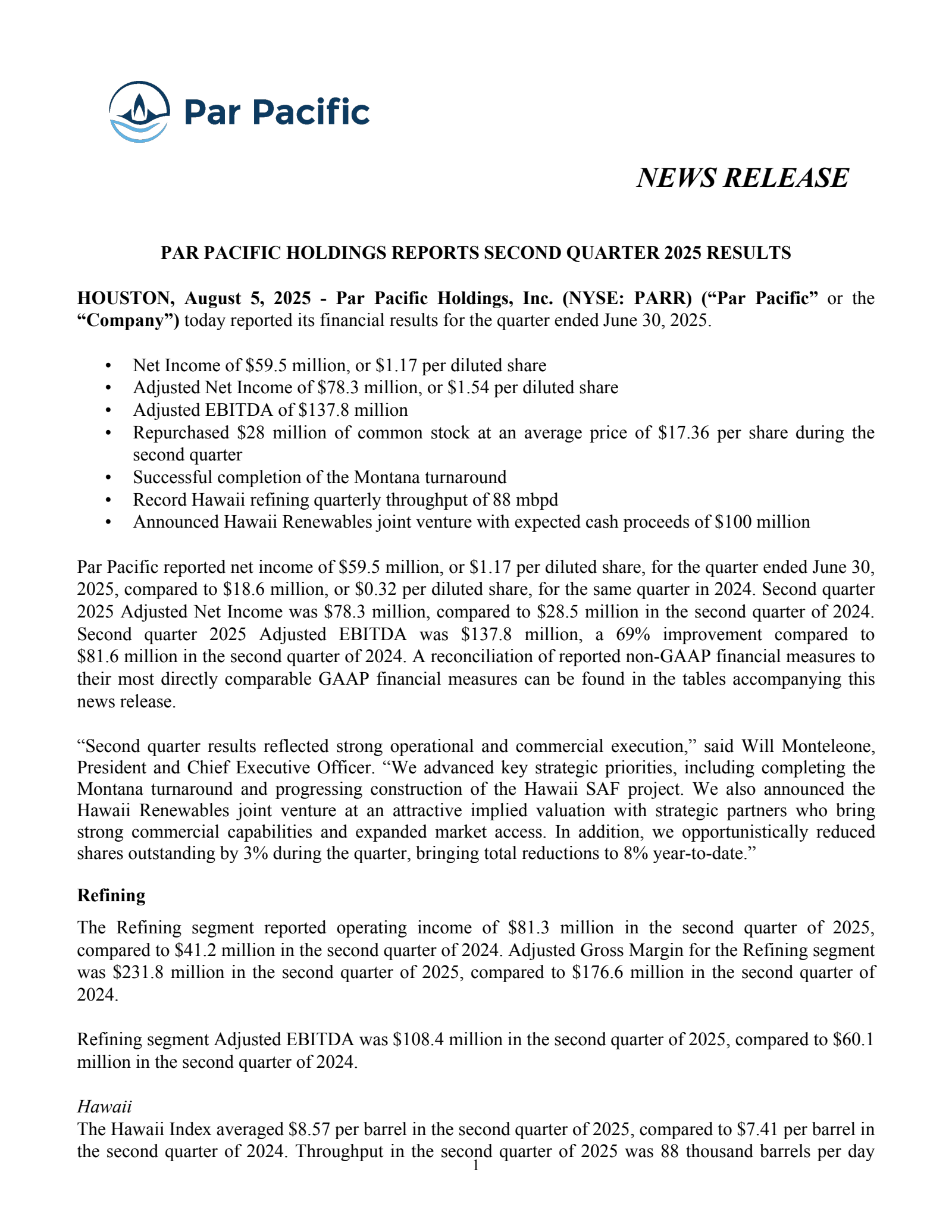 Par Pacific's Q2 2025 Press Release