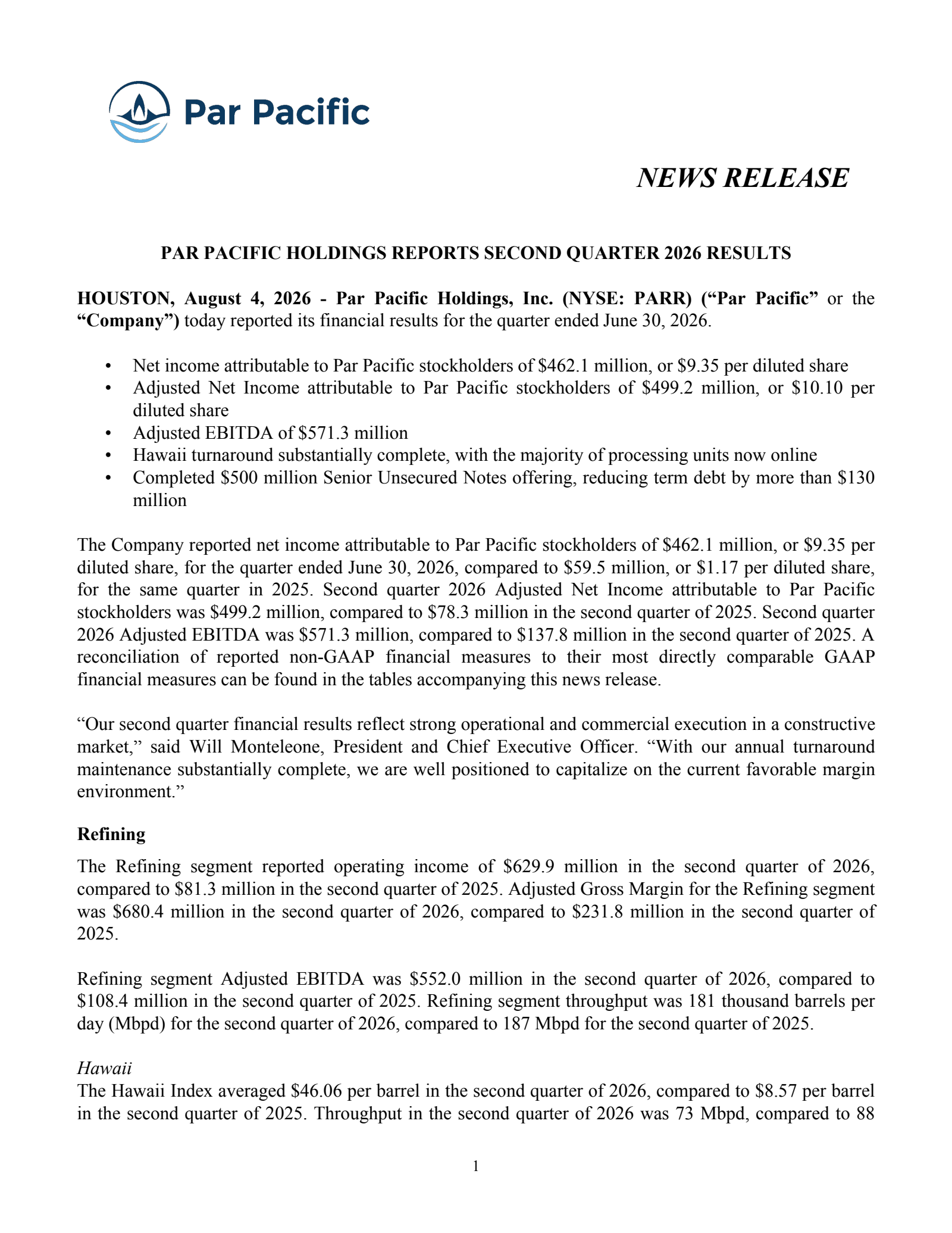 Par Pacific's Q2 2026 Press Release